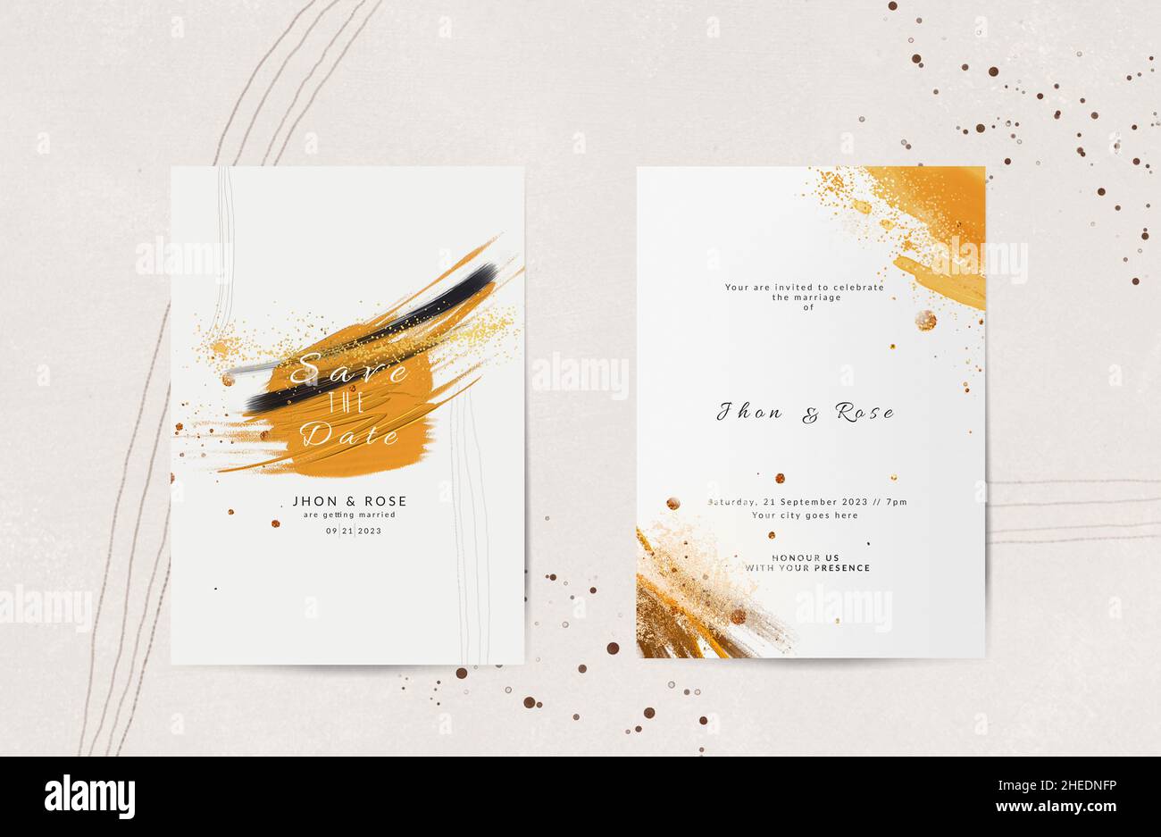 Kartensatz mit abstrakten marineblauen und goldenen Formen, Spritzern. Hochzeitskonzept. Verwenden Sie für Poster, dekorative Grußkarte oder Einladung Design backgrou Stockfoto