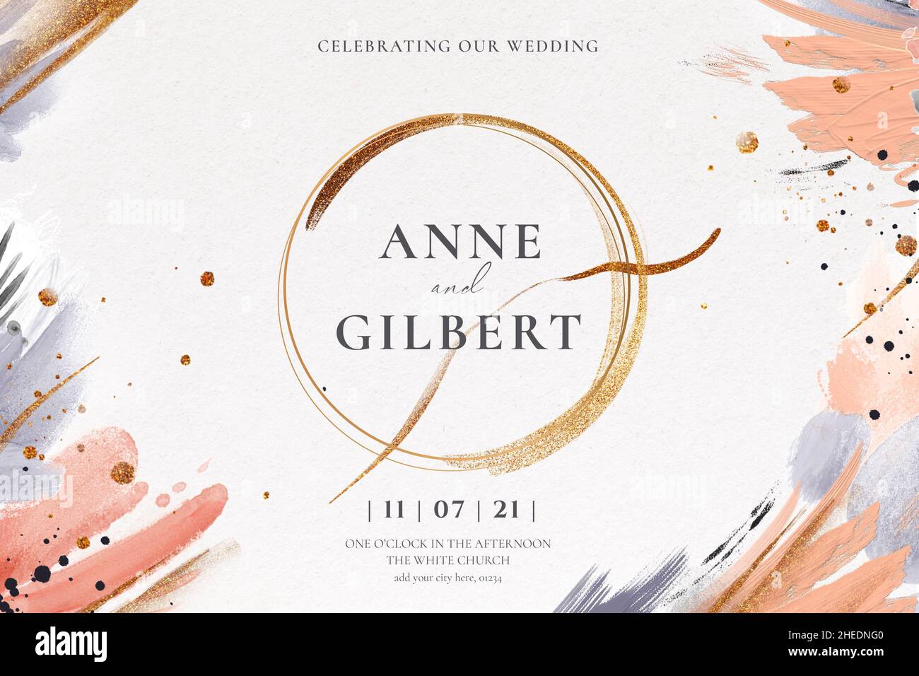 Kartensatz mit abstrakten violetten und rosa Formen, Spritzer. Hochzeitskonzept. Für Poster, dekorative Grußkarten oder Einladungsgestaltung Hintergrund Stockfoto