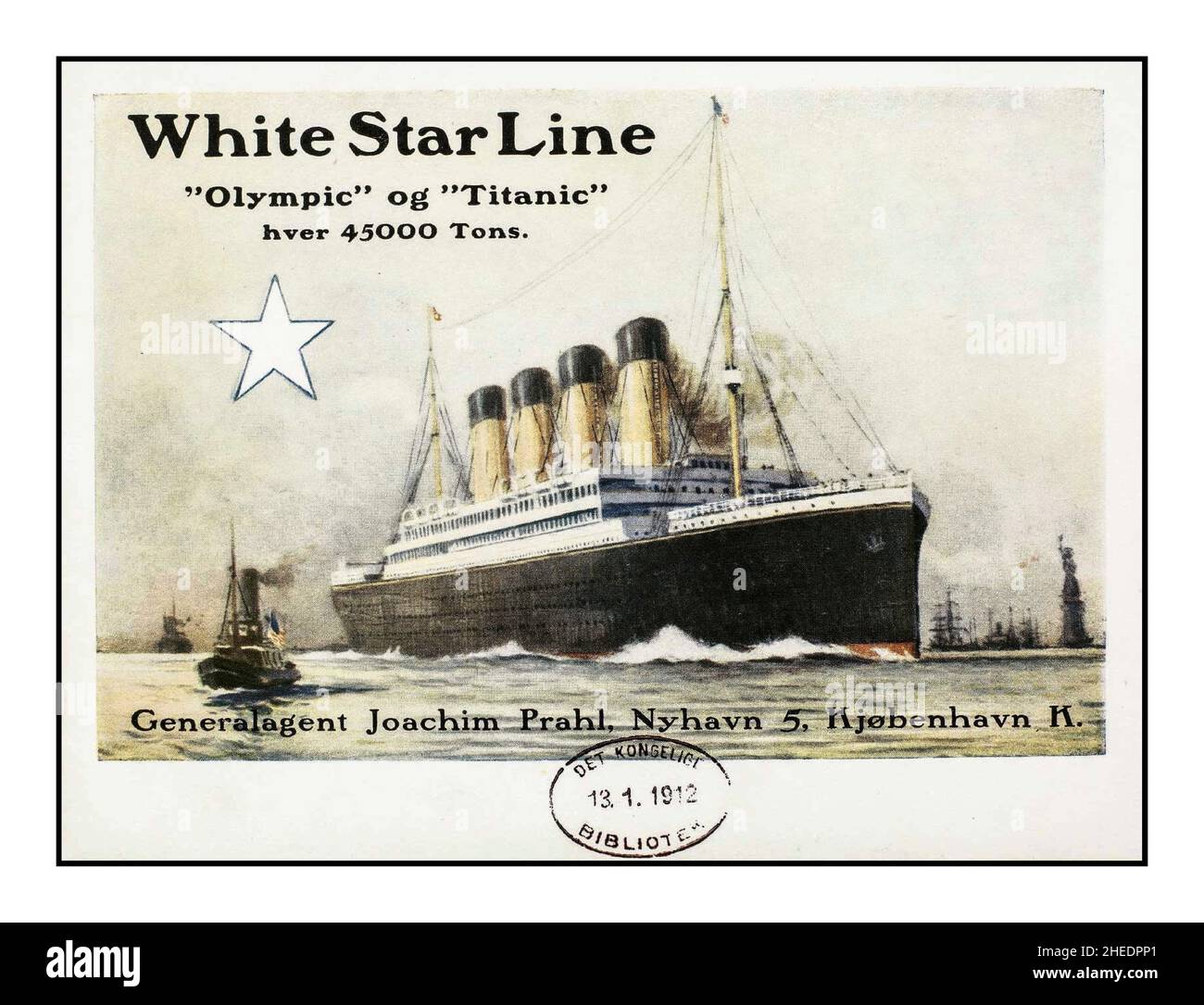 OLYMPIC/TITANIC White Star Line: 'Olympic' Og 'Titanic' hver 45000 to Danish brochure advertisement OLYMPIC/TITANIC White Star Line:ge Denmark 13th January 1912. Diese dänischsprachige Broschüre, die 1911 oder 1912 in Kopenhagen veröffentlicht wurde und für zwei Schiffe der britischen White Star Line, die Olympic und die Titanic, wirbt. Dazu gehören Fakten über die Linie und ihre Flotte, Informationen über Tickets, Fahrpläne und Buchungsklassen sowie Illustrationen der Speisesäle, Bibliotheken, Kabinen und Decks. Stockfoto