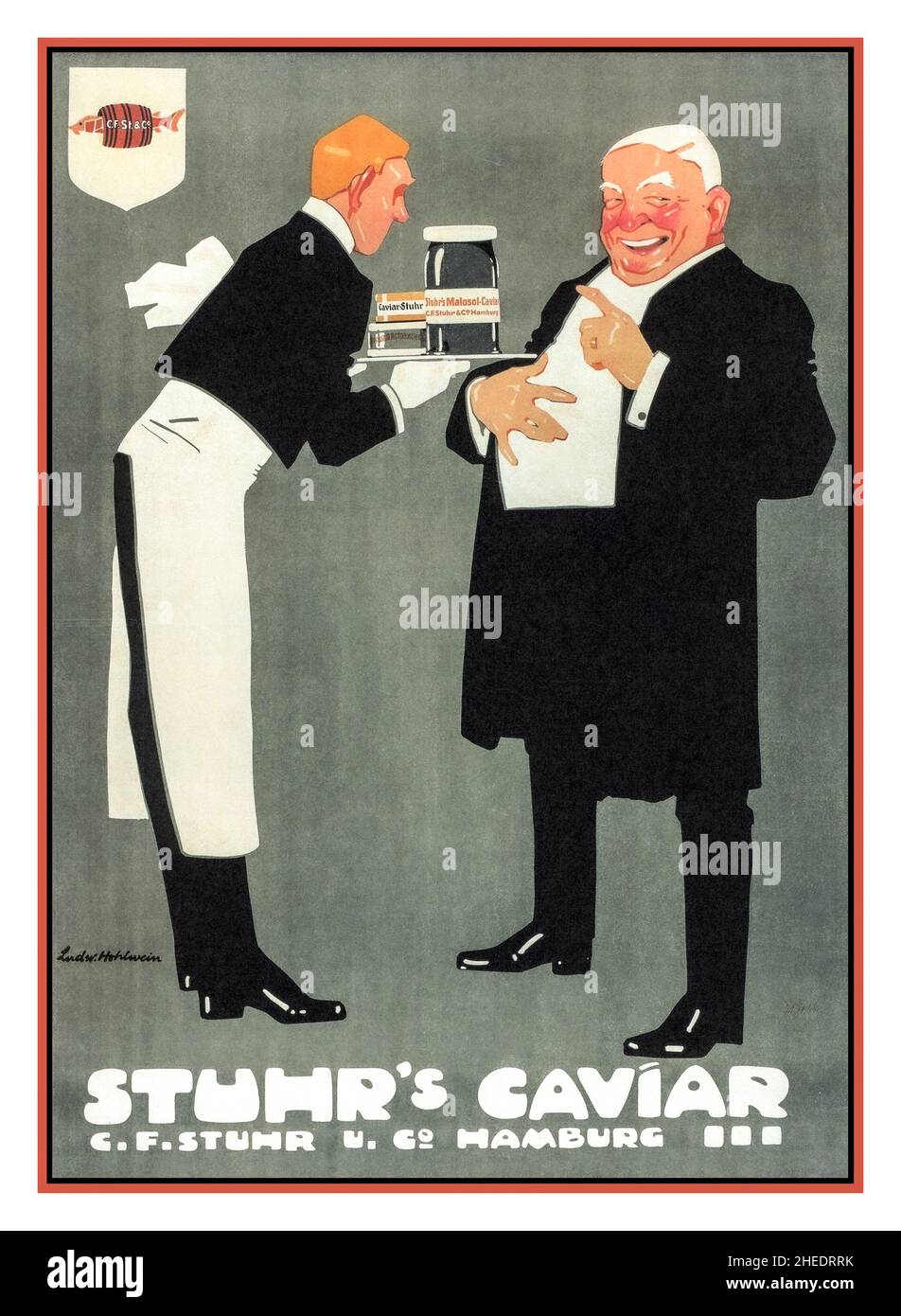 CAVIAR Vintage 1909 Stuhr's Caviar Poster Advertising Hamburg Germany vom Künstler Ludwig Hohlwein. Ein gut gekleideter Kenner wirft einen Blick auf den Betrachter, der aus einem von einem Kellner präsentierten Tablett mit köstlichem Kaviar (darunter Malossol und Astrachan) auswählen kann. Stockfoto
