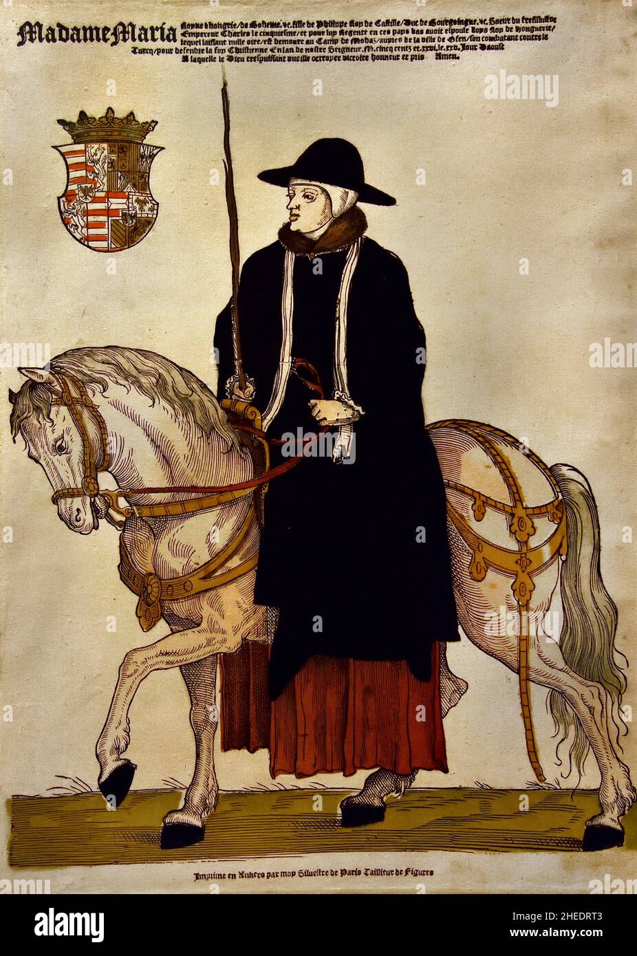 Porträt der Maria von Ungarn (1505-1558), zu Pferd 1543 ,Holzschnitt / Handfarbendruckerei, Cornelis Anthonisz. Verleger Hans Liefrinck, Antwerpen , Belgier, Belgien, Flämisch, Die Niederlande, ( Maria von Ungarn (1505-1558), jüngere Schwester von Karl V., Königin Dowager von Ungarn, Regentin der Niederlande von 1531 bis 1555. Ihr Ehemann Ludwig II. Von Ungarn wurde 1526 in der Schlacht von Mohacz gegen die Türken getötet. Seit diesem Jahr ist der Regent in Schwarz mit der weißen Witwe gekleidet, ) Stockfoto