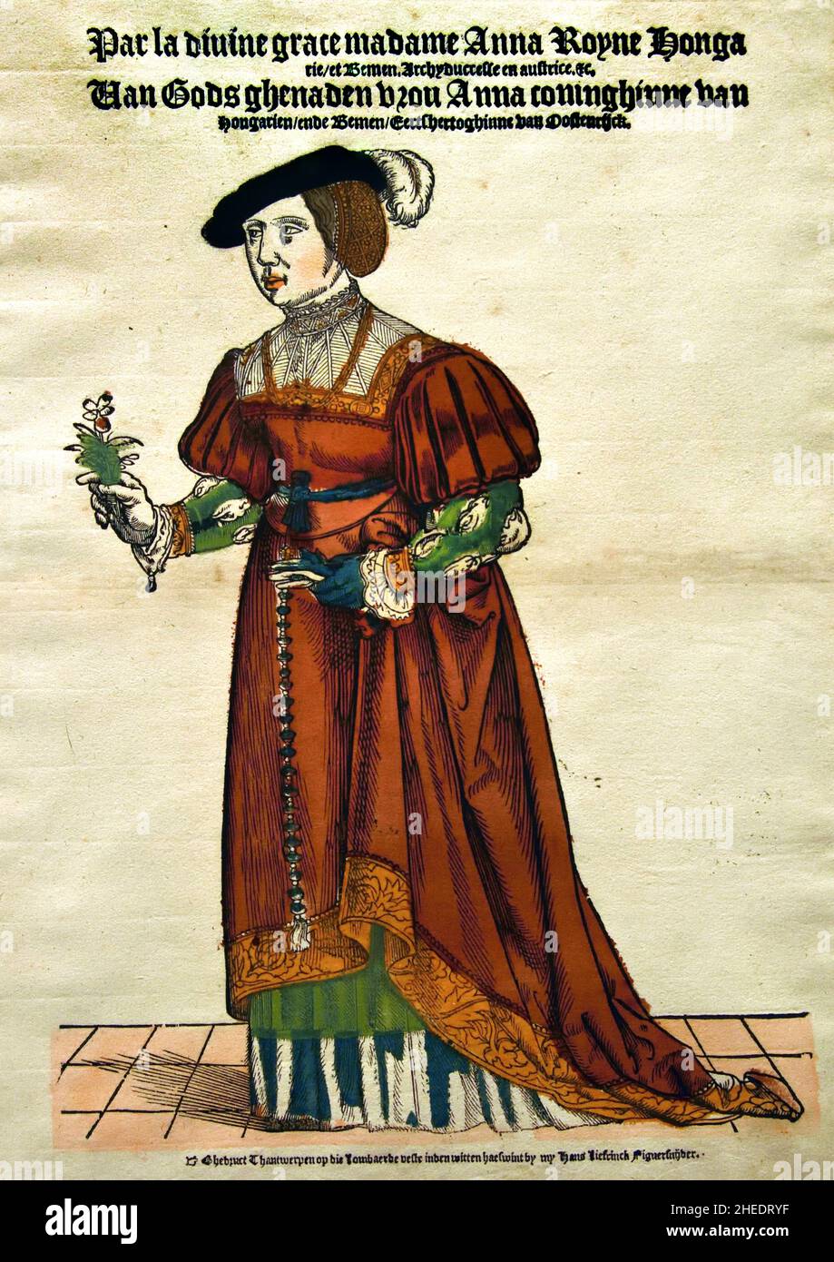 Anna von Österreich (1503-1547), 1543 ,Holzschnitt / Handfarbendruckerei, Cornelis Anthonisz. Verleger Hans Liefrinck, Antwerpen , Belgier, Belgien, Flämisch, Die Niederlande, ( Anna von Österreich, Schwester von Ludwig II von Ungarn, heiratete Ferdinand I. im Jahr 1521. Zusammen hatten sie 15 Kinder. ) Stockfoto