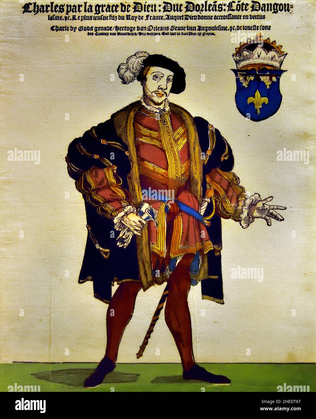 Charles of Orleans (1522-1545), 1543 ,Holzschnitt-/Handfarbendruckerei, Cornelis Anthonisz. Verleger Hans Liefrinck, Antwerpen , Belgier, Belgien, Flämisch, Die Niederlande, ( Karl von Orléans, (1522-1545), dritter und jüngster Sohn von Franz I., erhielt den Titel "Herzog von Orléans", 1536, 1539, heiratete er Maria, die älteste Tochter von König Karl V., ) oben rechts das Wappen mit der herzoglichen Krone, Durch den Stangenstiel gebrochen. Stockfoto