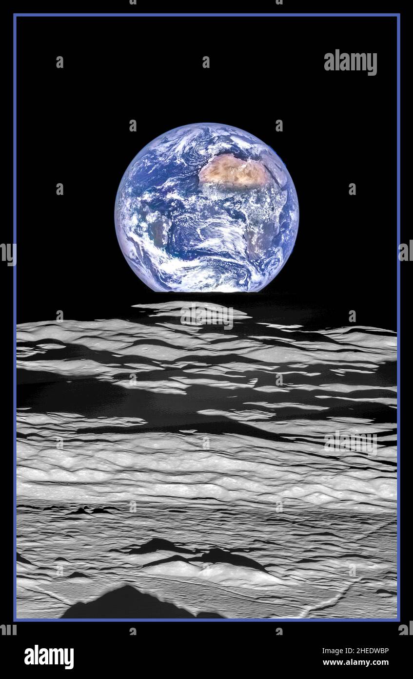 MOND / Erde am Ende des Mondes, aus Sicht des Lunar Reconnaissance Orbiter über dem Compton-Krater. Der Schatten im Vordergrund stammt von den zentralen Gipfeln des Kraters, während die Berge direkt darüber in der 10-Uhr-Position innerhalb des Kraters in diesem Bild oder in der 12-Uhr-Position in diesem Bild zu sehen sind. Das Zentrum der Erde liegt in dieser Ansicht bei 4,04°N, 44°W, direkt vor der Küste Liberias. Die große Bräunungsfläche oben rechts ist die Sahara-Wüste, und gleich dahinter liegt Saudia-Arabien. Die Atlantik- und Pazifikküsten Südamerikas sind links zu sehen. Mit freundlicher Genehmigung der NASA Stockfoto