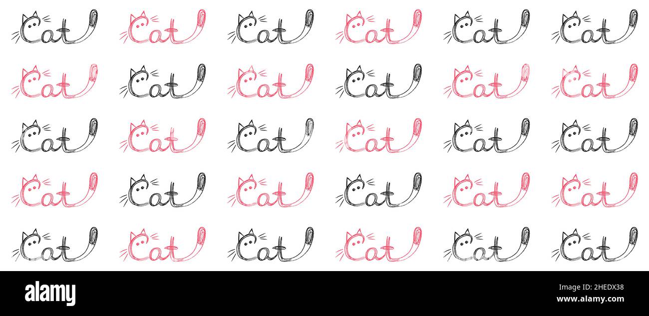 Nahtloses Muster mit sich wiederholenden Katzen-Schriftzügen mit Schriftzug c in Katzenform. Kinder- und Jugendkleidung mit witzigem schwarz-rosa Druck. Cooler Druck Stock Vektor