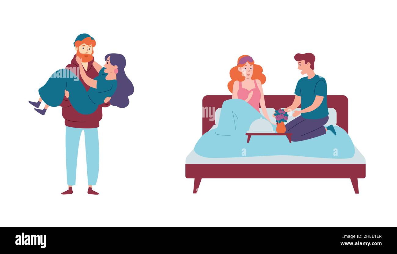 Romantische glückliche Paare beim Frühstück im Bett, Mann hält Frau in den Händen Stock Vektor