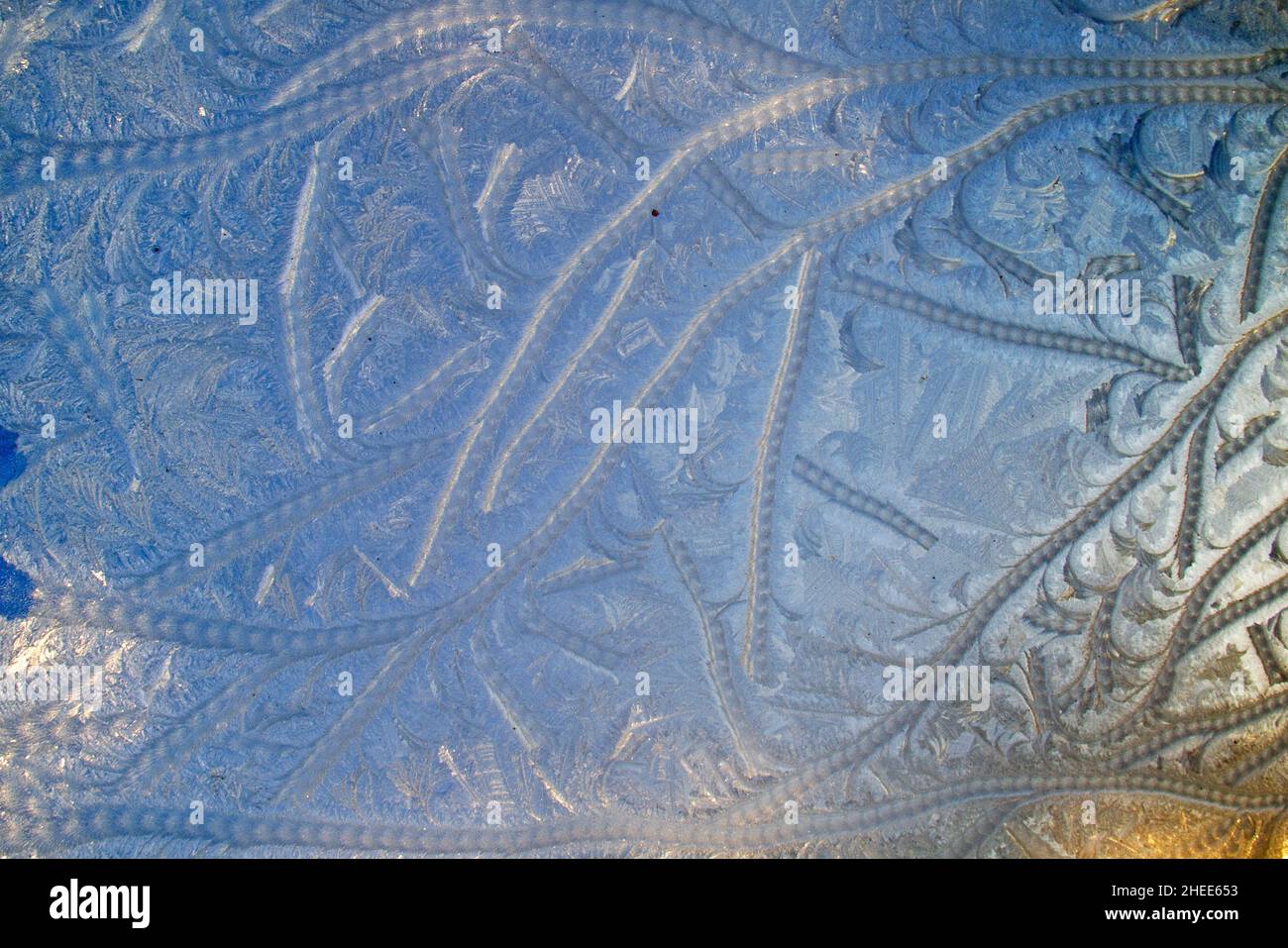 Eisblumen bilden ein abstraktes Muster auf Glas Stockfoto