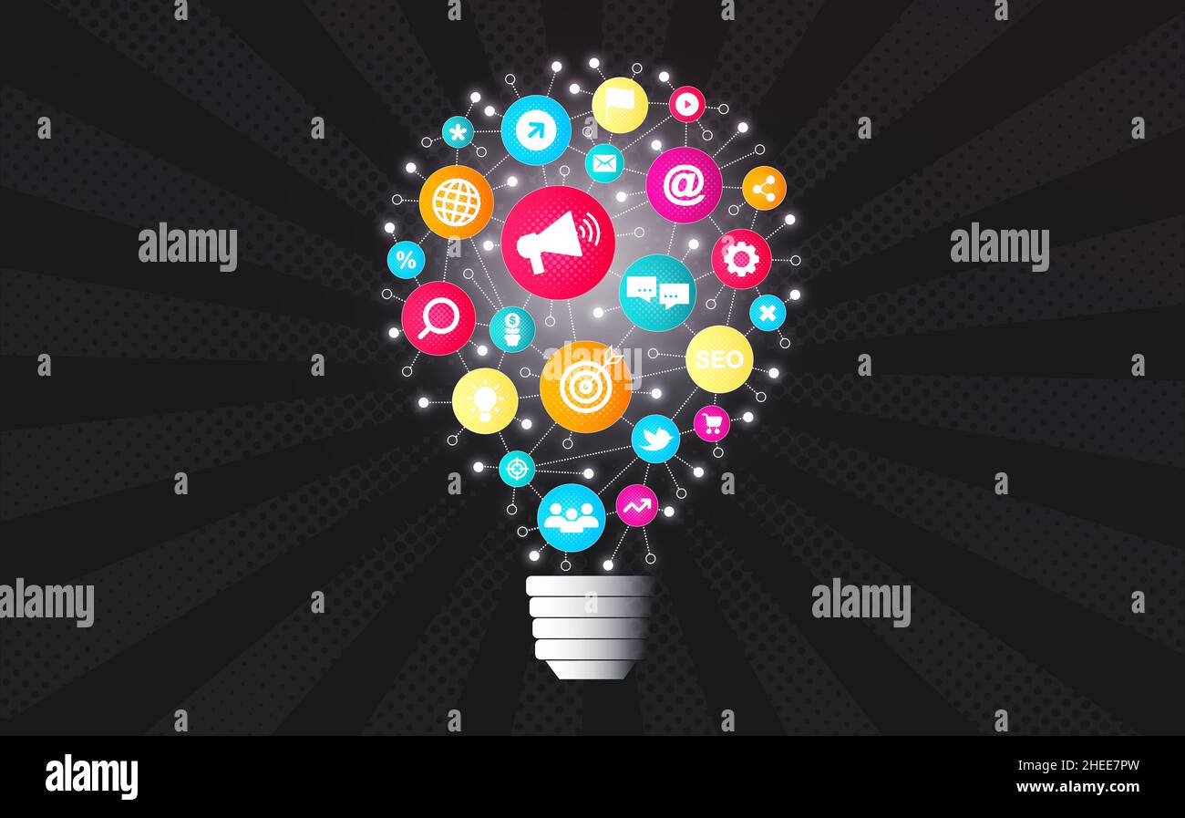 Marketing Campaign Concept - Digital Marketing Ideas - Online Advertising and Promotion - Concept with Light Bulb and Marketing Icons Stockfoto