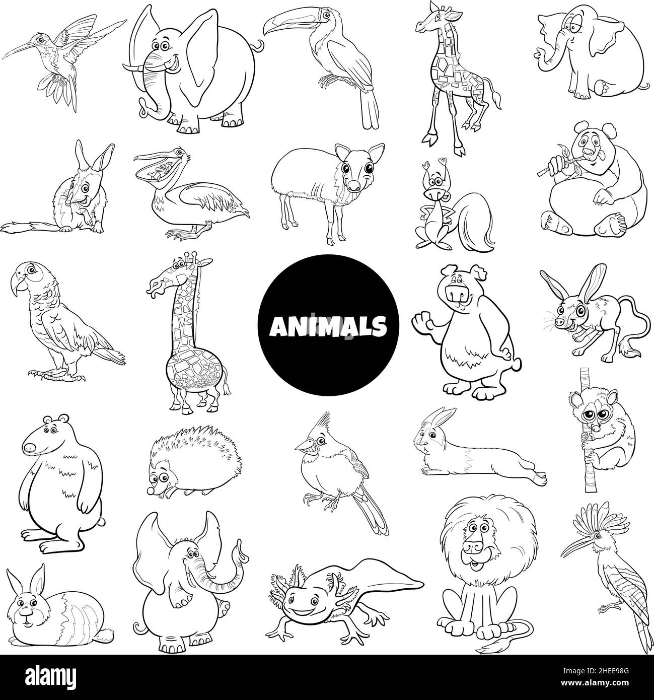 Schwarz-Weiß-Cartoon-Illustration von wilden Tierarten Zeichen großen Satz Stock Vektor