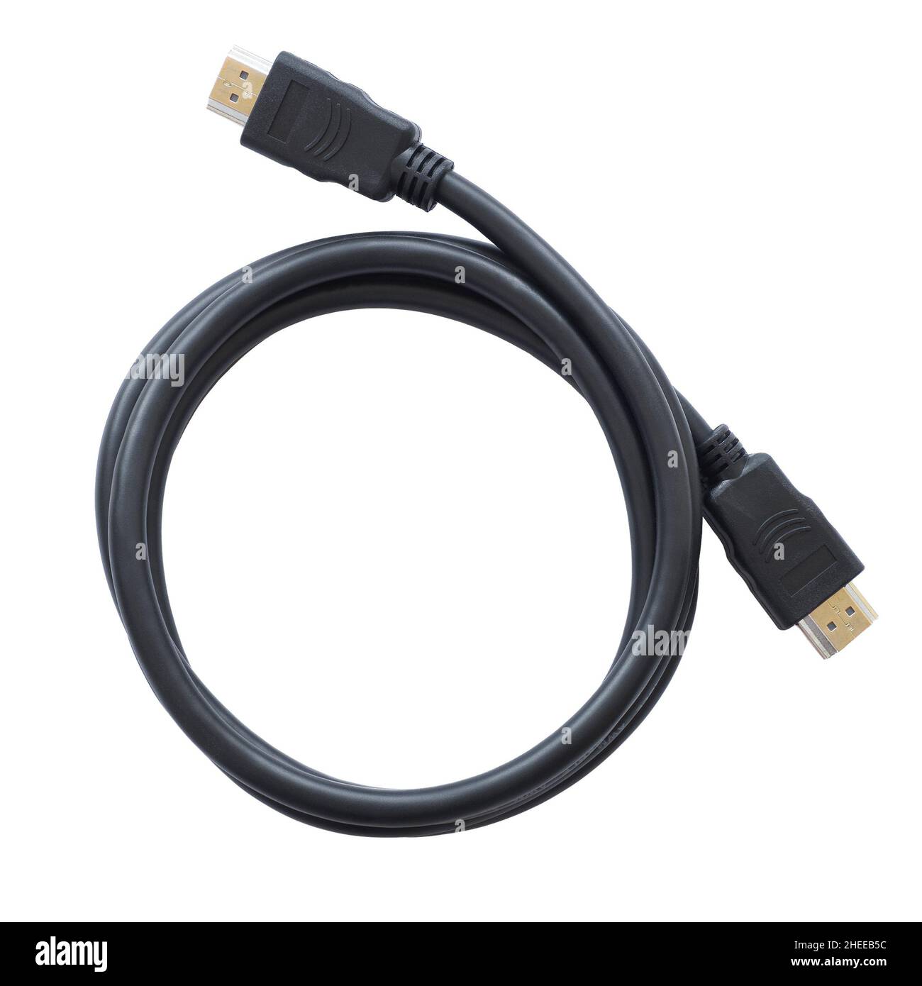 Anschließen des HDMI-Kabels isolierter weißer Hintergrund. Technologie, Elektronik, Computer, tv-Kommunikationskabel Stockfoto