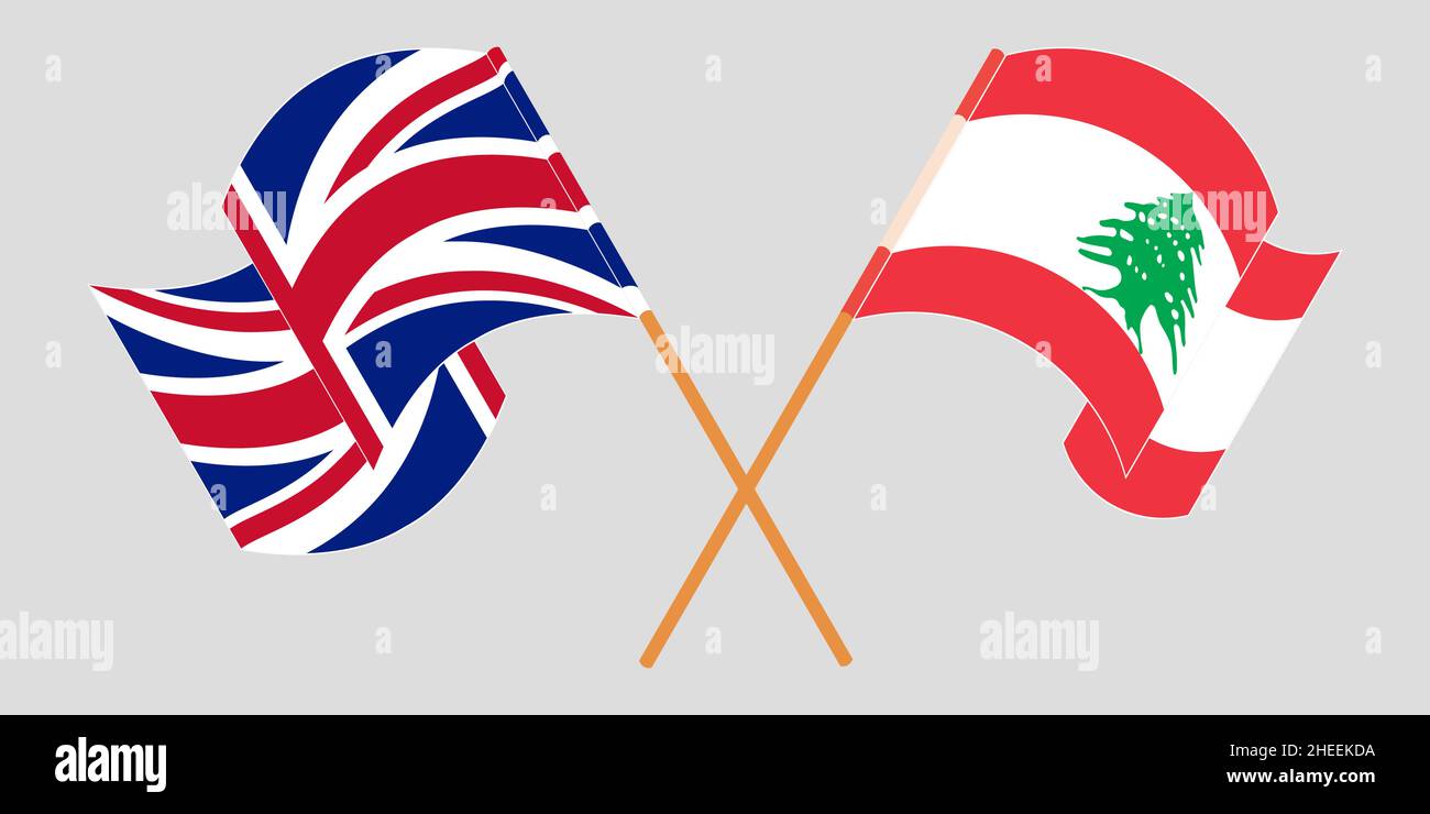Gekreuzte und winkende Flaggen des Libanon und Großbritanniens. Vektorgrafik Stock Vektor