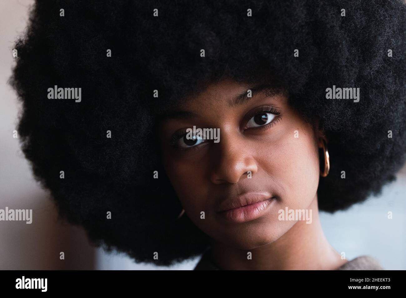 Porträt einer unemotionalen attraktiven afroamerikanischen Frau mit stilvoller schwarzer Afro-Frisur, die im hellen Raum auf die Kamera schaut Stockfoto