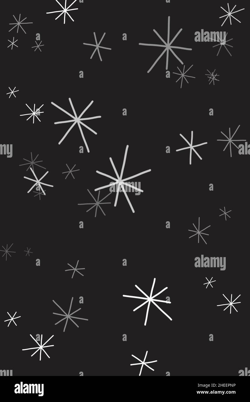 Weiße Doodle Schneeflocken auf schwarzem Hintergrund, vertikaler Hintergrund für Winterdesigns Stockfoto