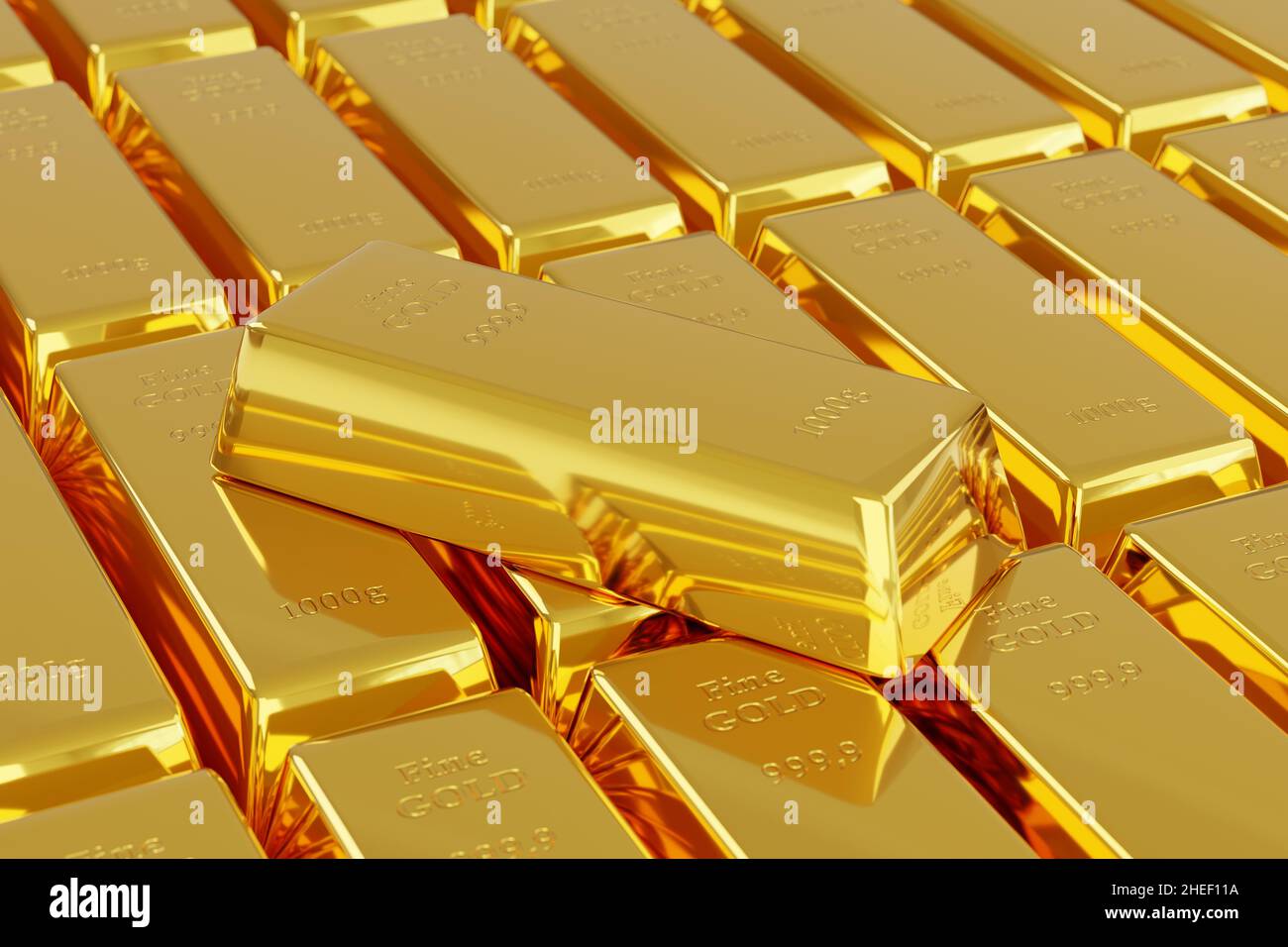 Viele Goldbarren in einer Reihe. 3D Abbildung. Stockfoto