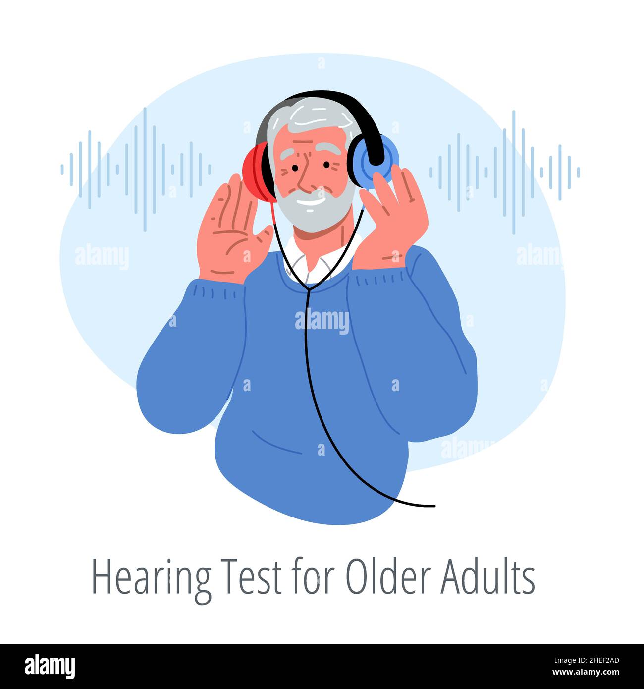 Lächelnder Senior trägt Kopfhörer, macht Hörtest für alte Leute.Vector flach Stock Vektor