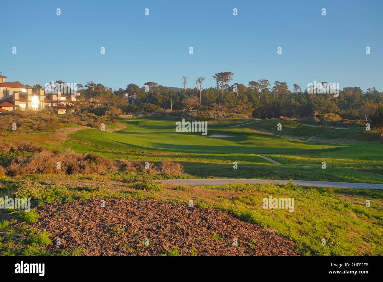 Das letzte Loch (18th) der Links an der Spanish Bay auf dem 17 Mile Drive auf der Monterey Peninsula, Kalifornien, USA Stockfoto