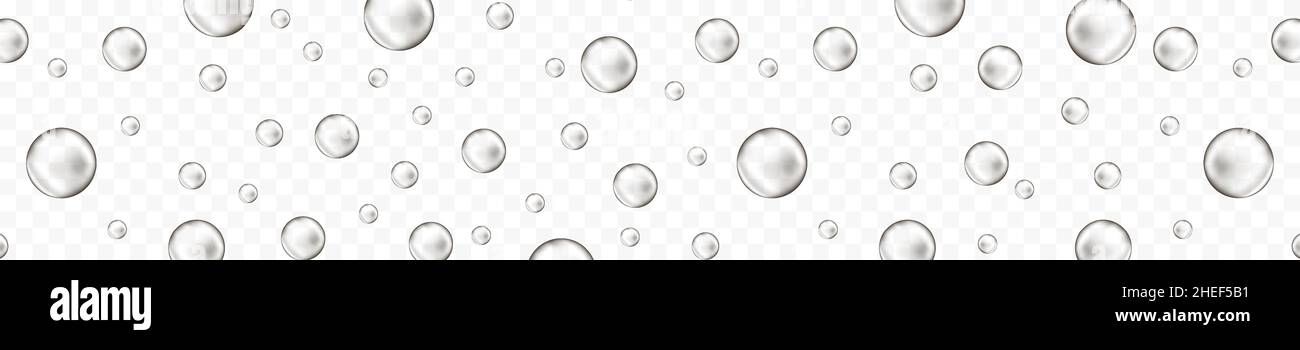 Unterwasser-Sauerstoffblasen strömen. Kohlensäurehaltiges Getränk, Seltzer, Bier, Soda, Cola, Limonade, Champagner, Schaumweintextur. Kohlendioxid-Effekt in Wasser. Vektor-realistische Darstellung Stock Vektor