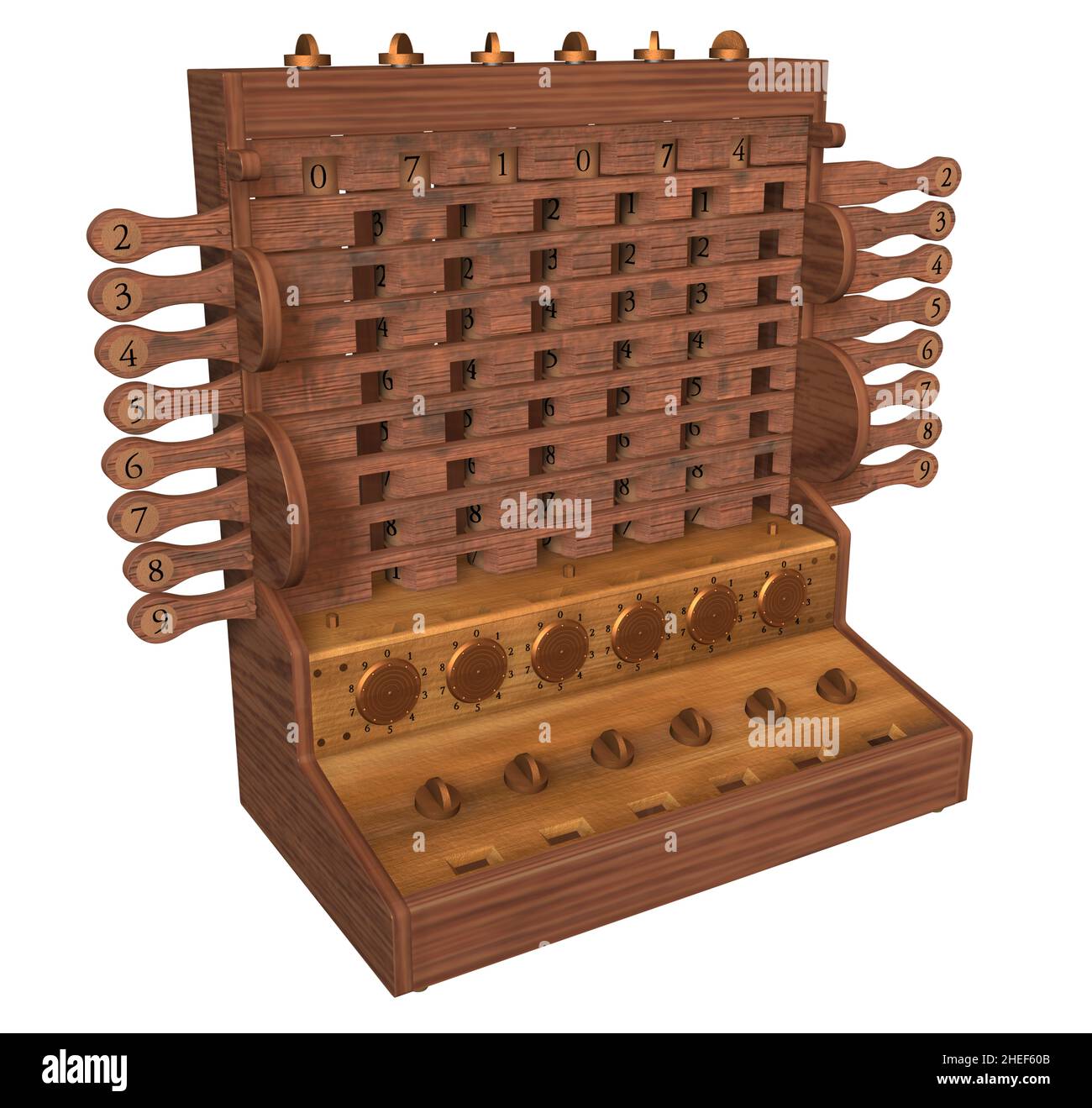 3D Illustration eines mechanischen Rechengeräts, entworfen und erstellt vom deutschen Astronomen, Mathematiker und Erfinder Wilhelm Schickard. Stockfoto