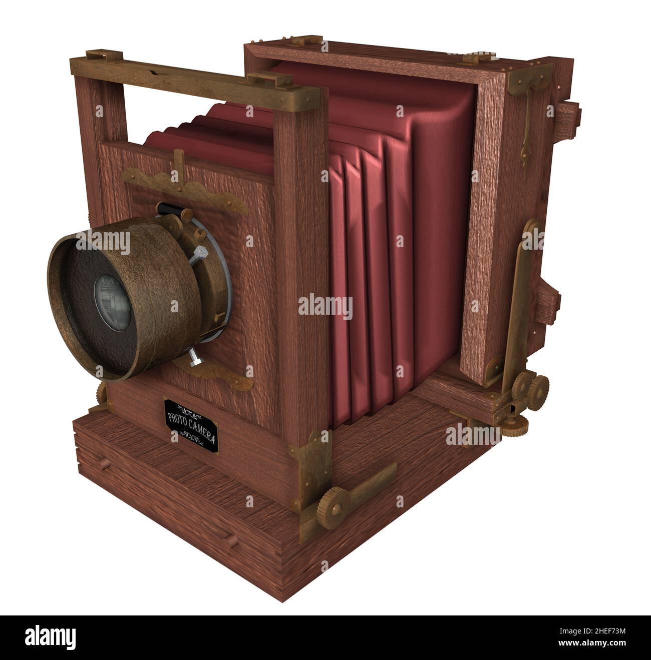 3D Rendering Illustration einer antiken Fotokamera des mittleren 19. Jahrhunderts. Stockfoto