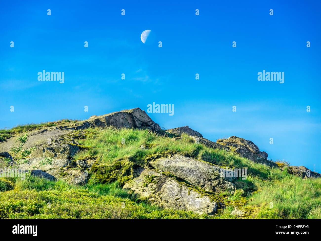 An einem Sommermorgen im Juni, wenn die Sonne aufgeht, hängt der Mond gegen den blauen Himmel, über zerklüfteten Felsen am höchsten Gipfel von Malvern Hills, Anfang Juni. Stockfoto