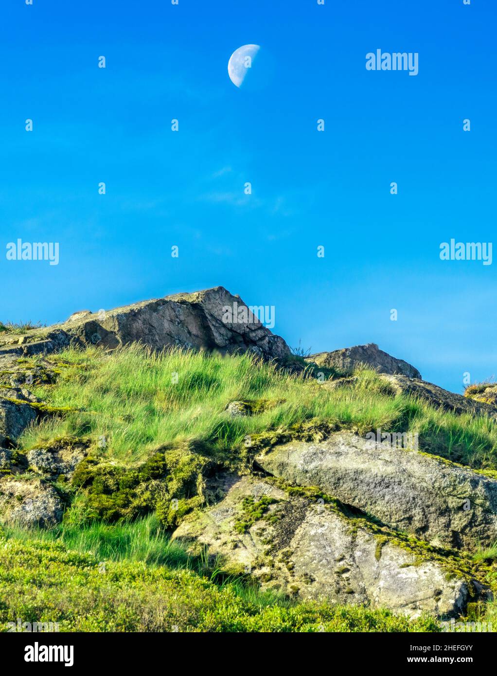 An einem Sommermorgen im Juni, wenn die Sonne aufgeht, hängt der Mond gegen den blauen Himmel, über zerklüfteten Felsen am höchsten Gipfel von Malvern Hills, Anfang Juni. Stockfoto
