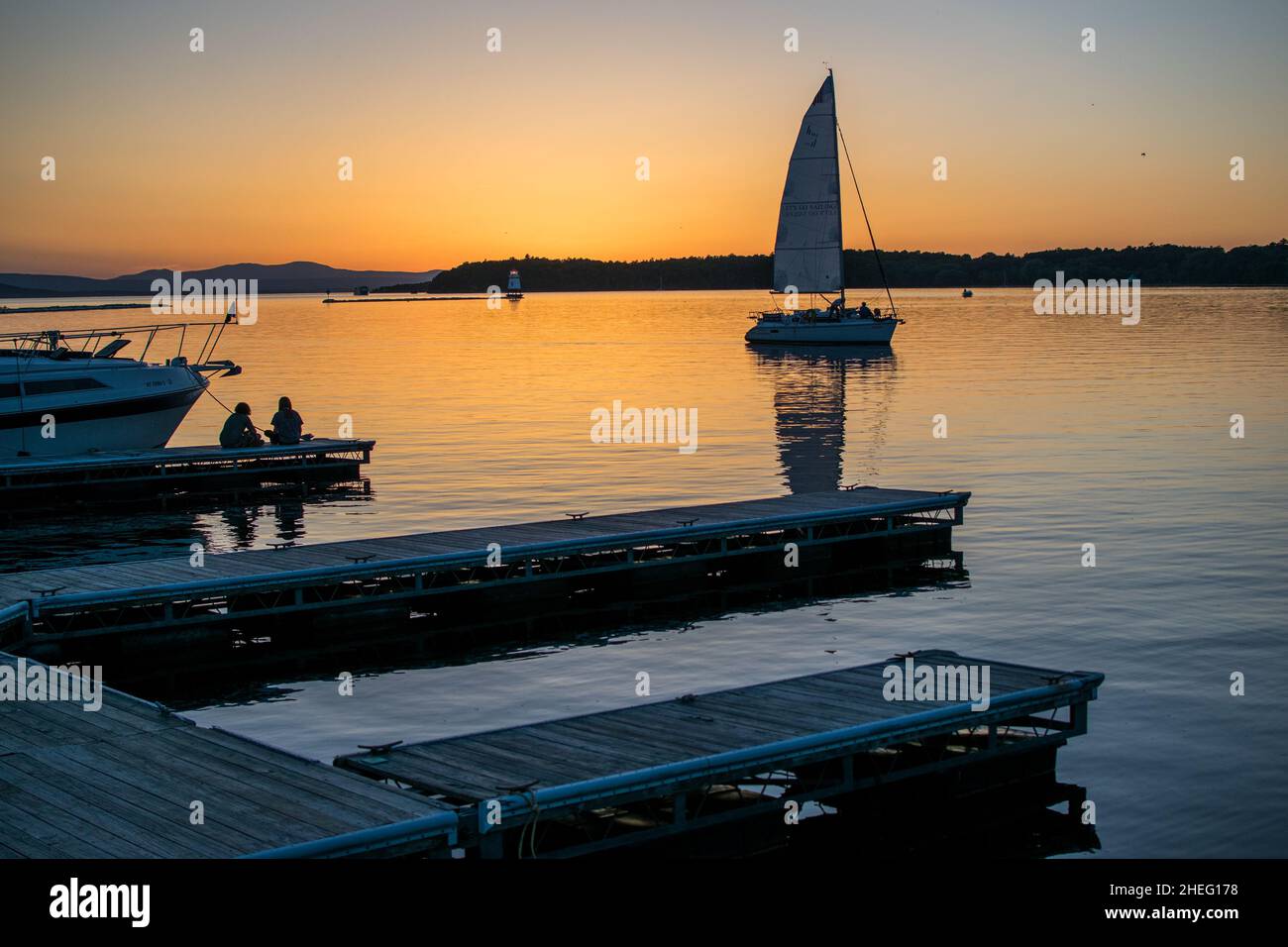 Sonnenuntergang am Lake Champlain, VT Stockfoto