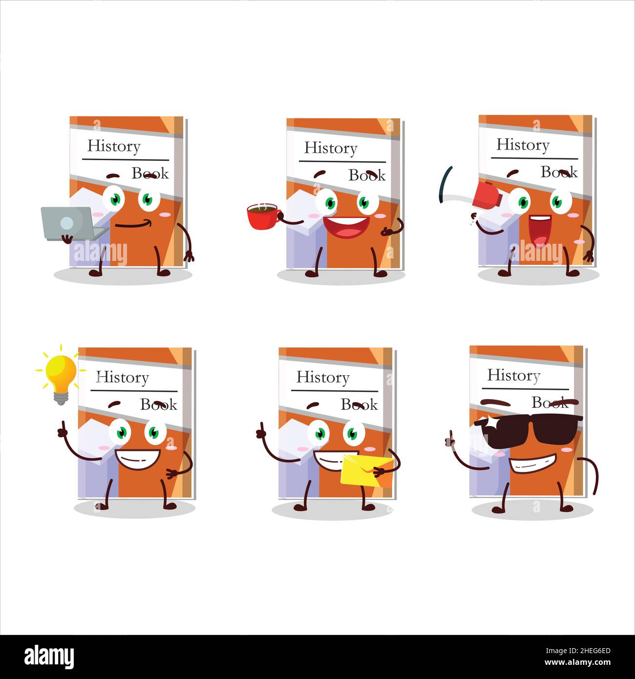 Geschichte Bücher Zeichentrickfigur mit verschiedenen Arten von Business-Emoticons. Vektorgrafik Stock Vektor