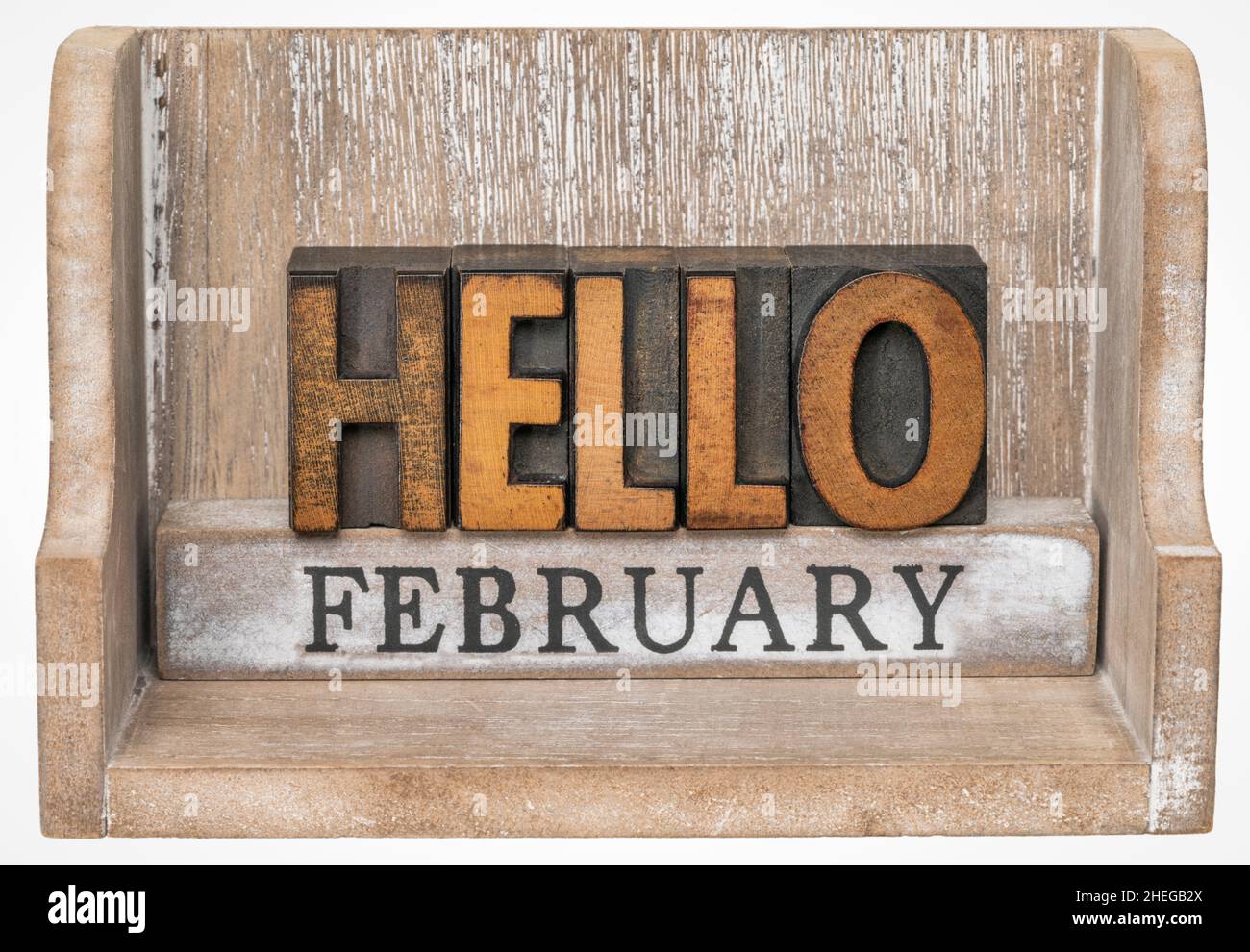 Hallo Februar im Vintage-Buchdruck Holzart innen Grunge Holzkiste, Kalender-Konzept Stockfoto