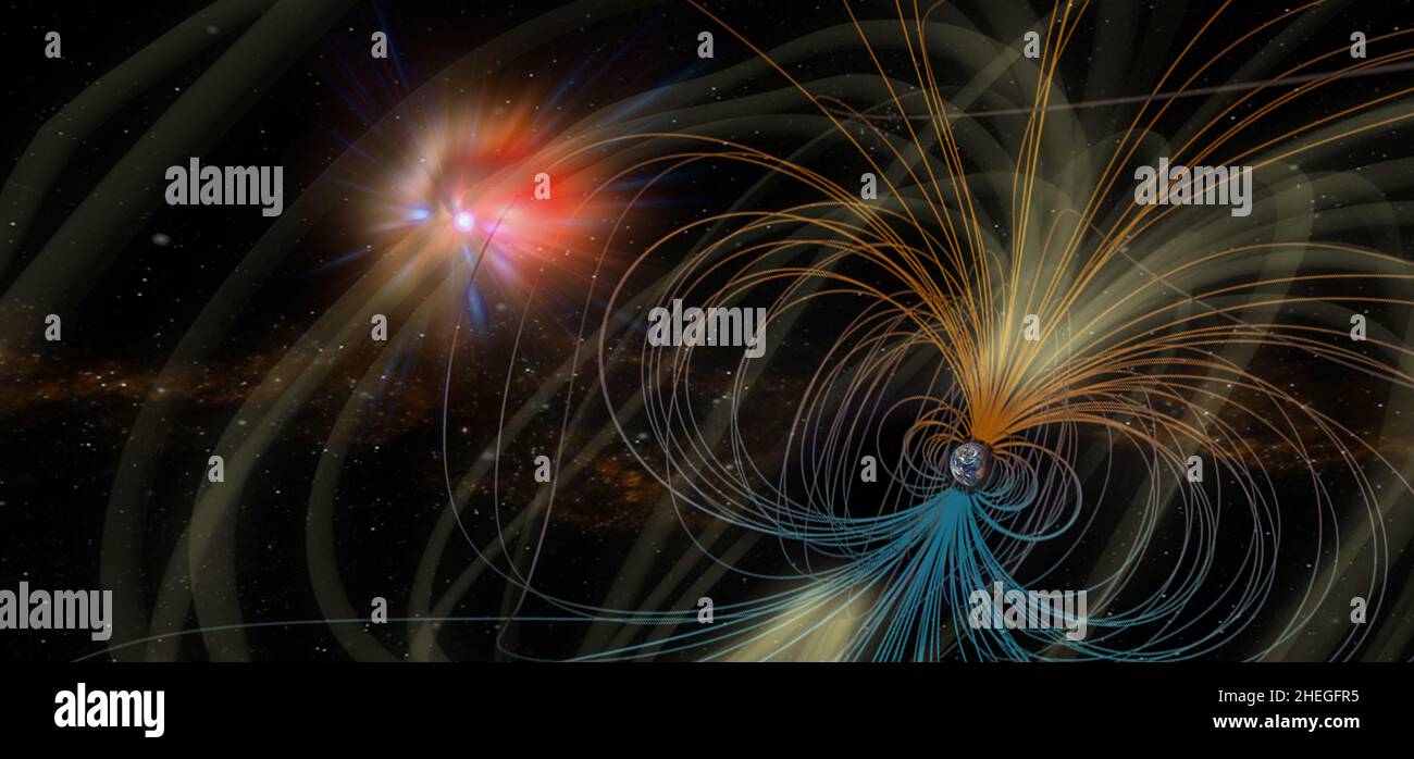 Elektromagnetische Felder um die Erde und die Sonne. Elemente dieses Bildes wurden von der NASA eingerichtet. Stockfoto