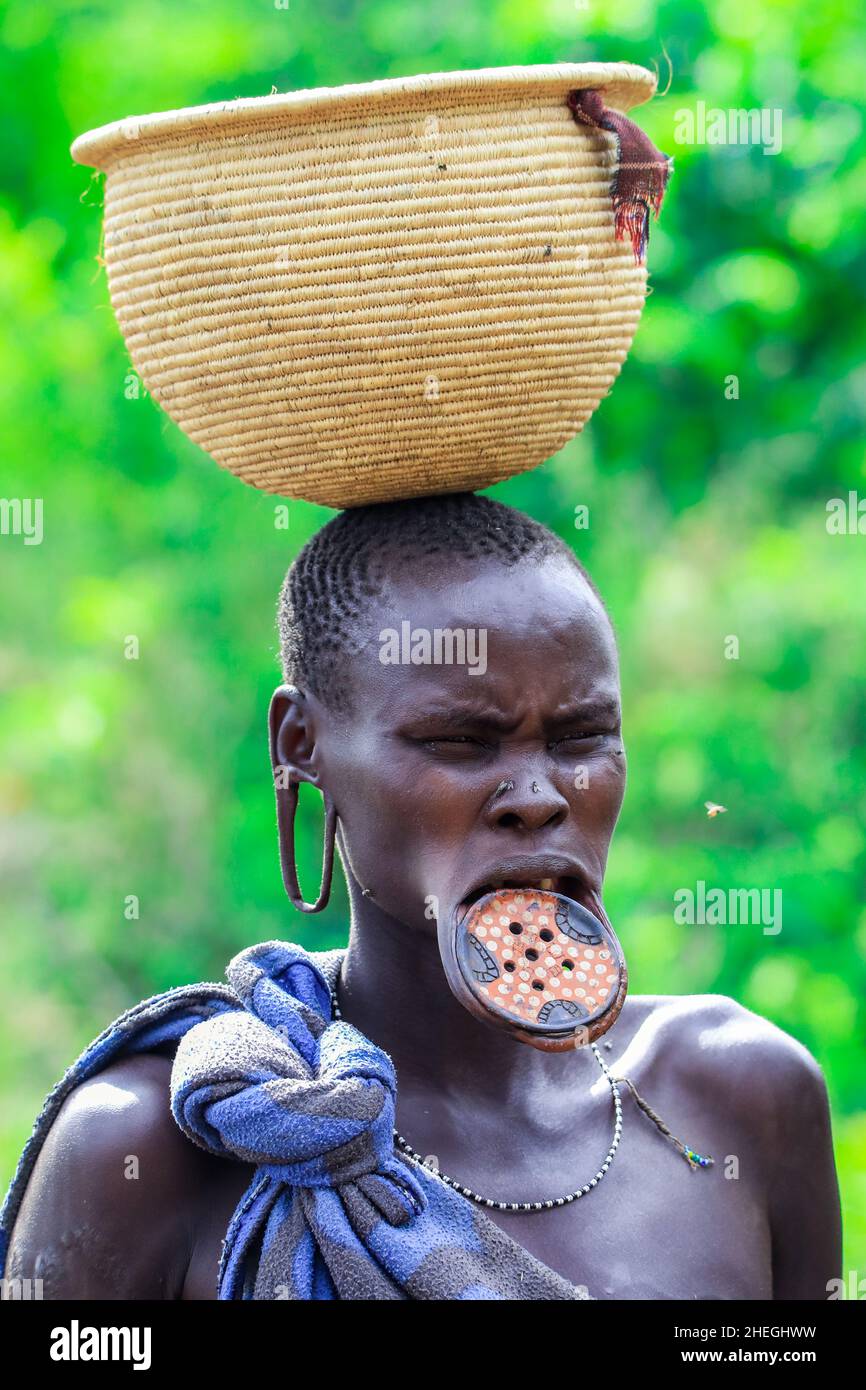 Omo River Valley, Äthiopien - 29. November 2020: Porträt einer afrikanischen Frau mit einem großen traditionellen Holzteller in der Unterlippe Stockfoto