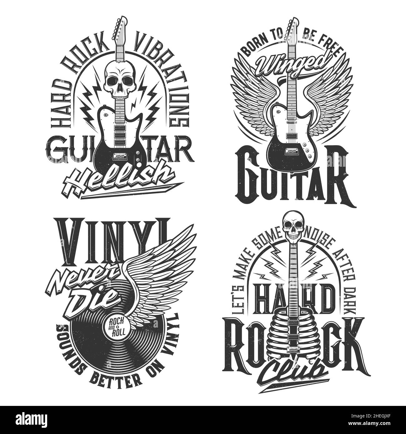 T-Shirt-Prints mit E-Gitarren, Totenköpfen und geflügelter Vinyl-Scheibe. Vektor-Emblem für Musikband-Bekleidungsdesign. T-Shirt im einfarbigen Druck mit Typografie Stock Vektor
