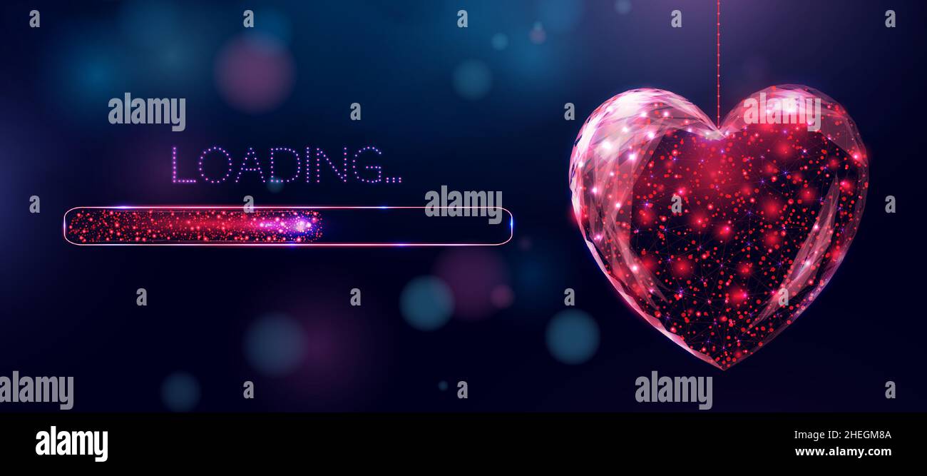 Wireframe rotes Herz und Ladebar, Low-Poly-Stil. Fröhliches Happy Valentinstag-Banner. Abstrakte moderne 3D Vektor-Illustration auf blauem Hintergrund. Stock Vektor