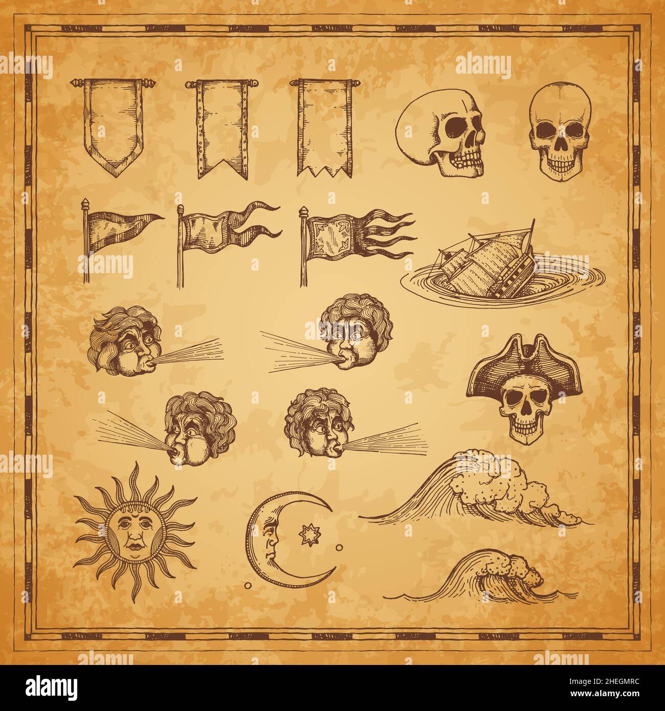 Vintage-Kartenelemente. Sonne und Mond, Wind und Tsunami mit Wasserwirbel, Vektorskizze. Piratenkarte mit Totenkopf in Tricorne oder Kapitänshut und Wimpelflosse Stock Vektor