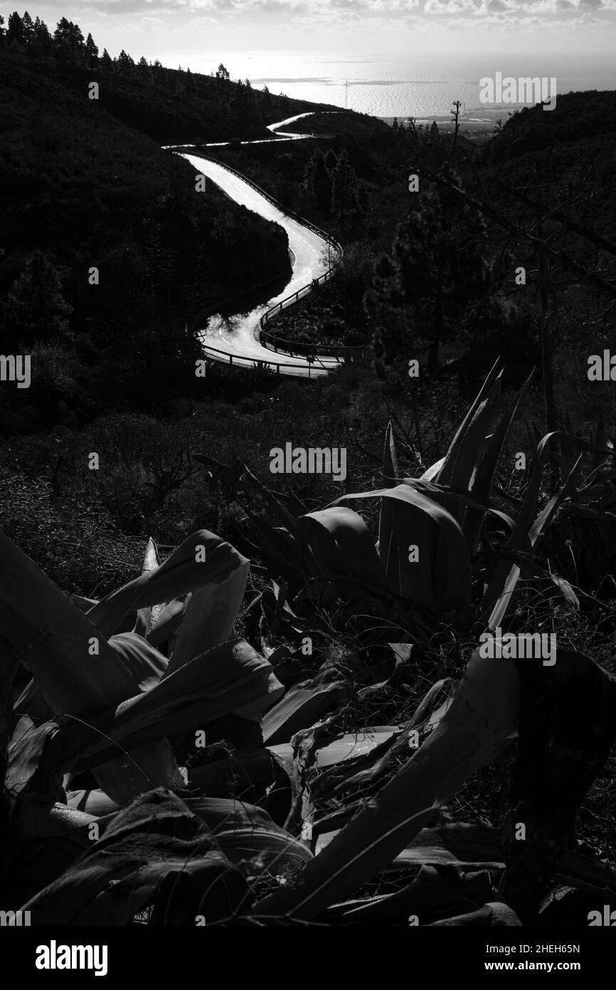 Hintergrundbeleuchtetes nasses Straßenbelag mit Blick auf die Küste von Granadilla von Las Vegas, Teneriffa, Kanarische Inseln, Spanien Stockfoto