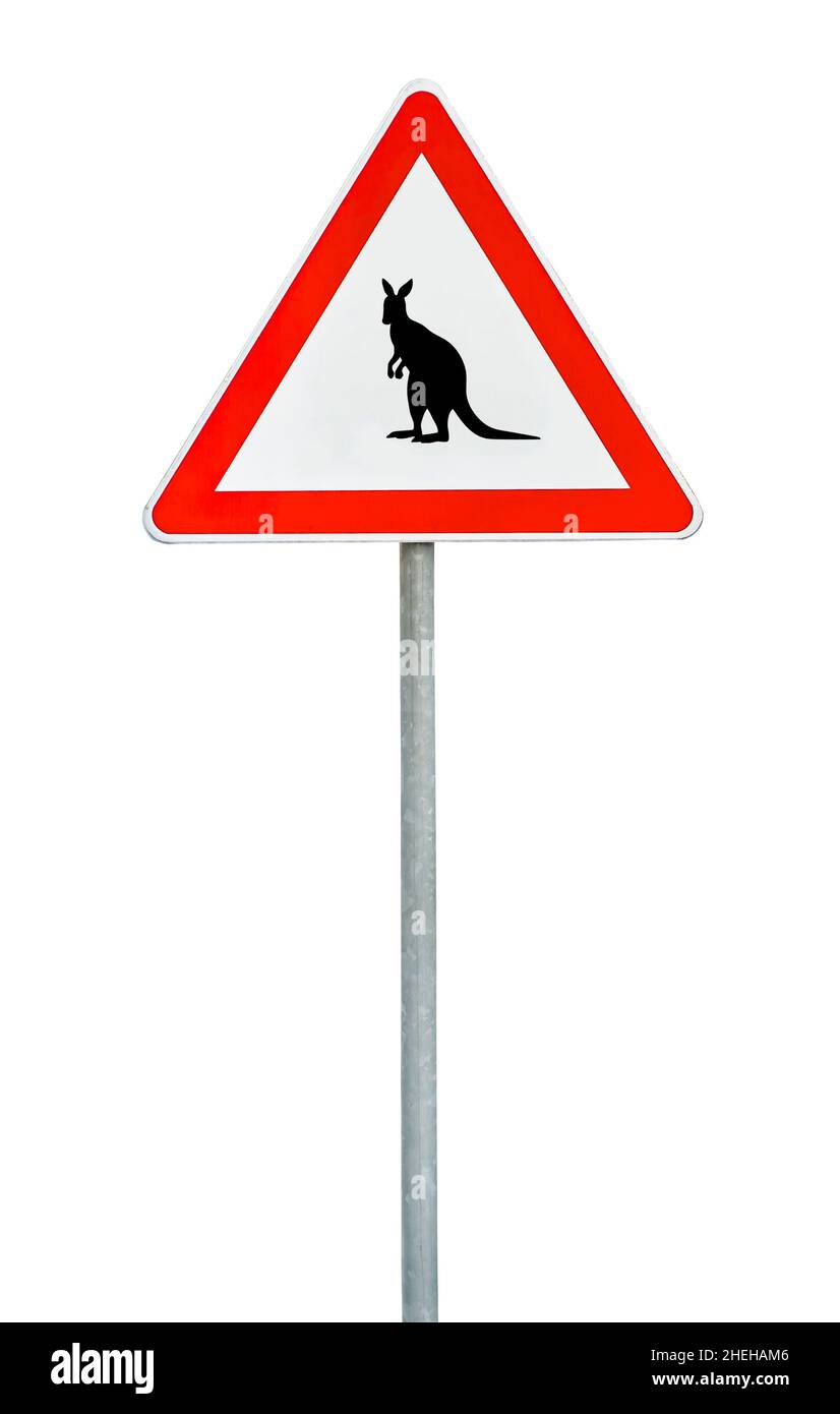 Triangle Road Schild Känguru Aufmerksamkeit auf Stange Stockfoto