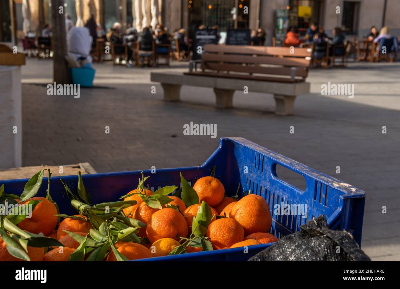 Nahaufnahme von Mandarinen auf einem Straßenmarkt auf der Insel Mallorca, Spanien Stockfoto