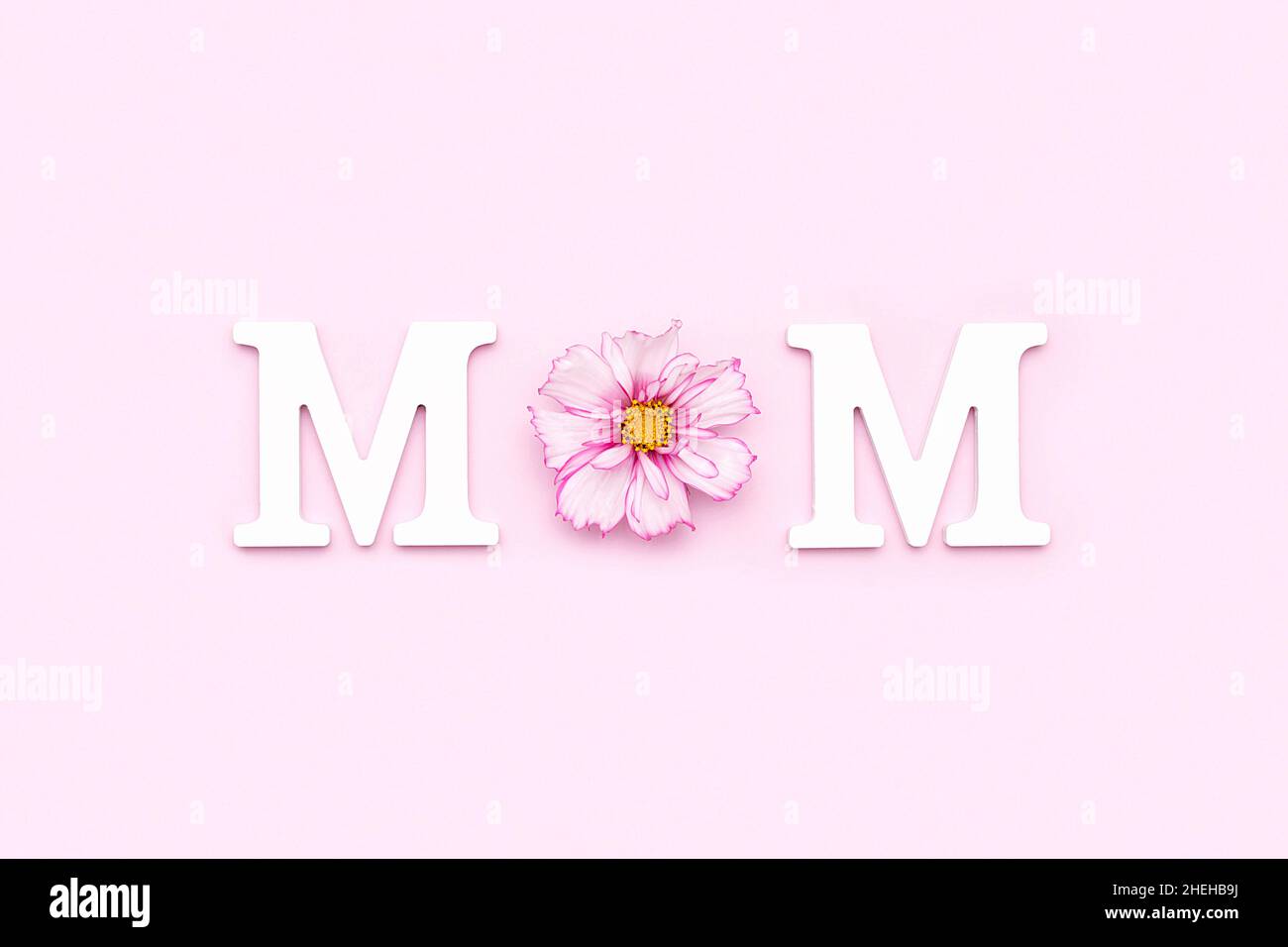 Mama. Abstrakte Liebeserklärung aus weißen Buchstaben und Blumen auf rosa Hintergrund. Kreatives Konzept Muttertag, Grußkarte, Postkarte. Stockfoto