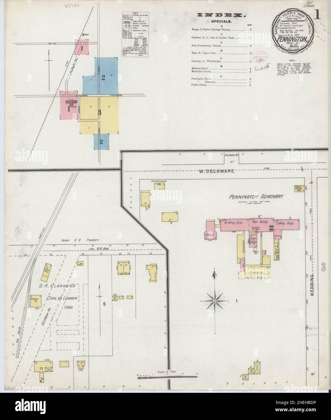 Sanborn Fire Insurance Map aus Pennington, Mercer County, New Jersey. Stockfoto