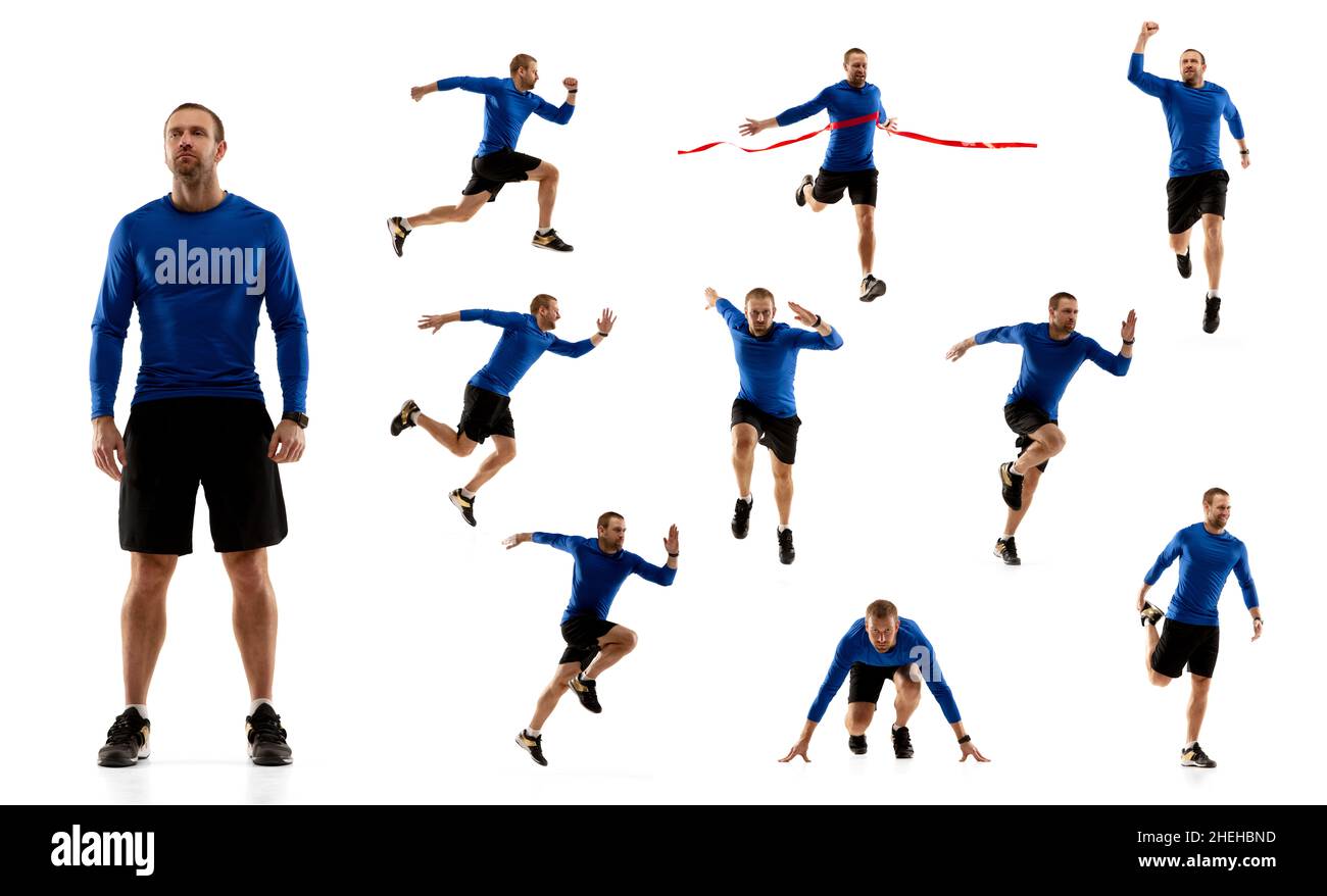 Entwicklung von Bewegungen. Collage aus Bildern von Profisportler in Sportuniform isoliert auf weißem Studiohintergrund. Stockfoto