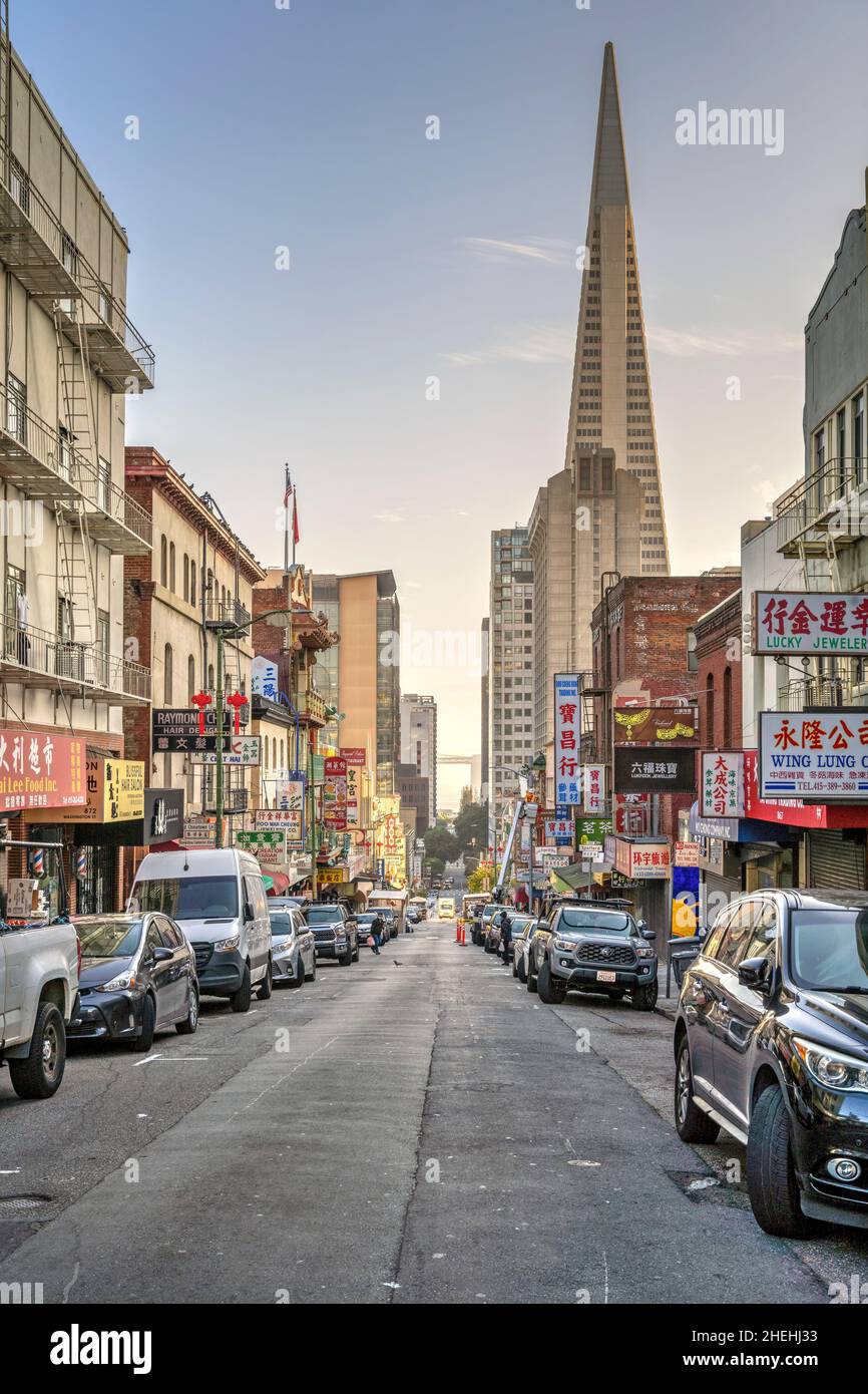 Chinatowns Straße mit Transamerica Pyramid im Hintergrund, San Francisco, Kalifornien, USA Stockfoto