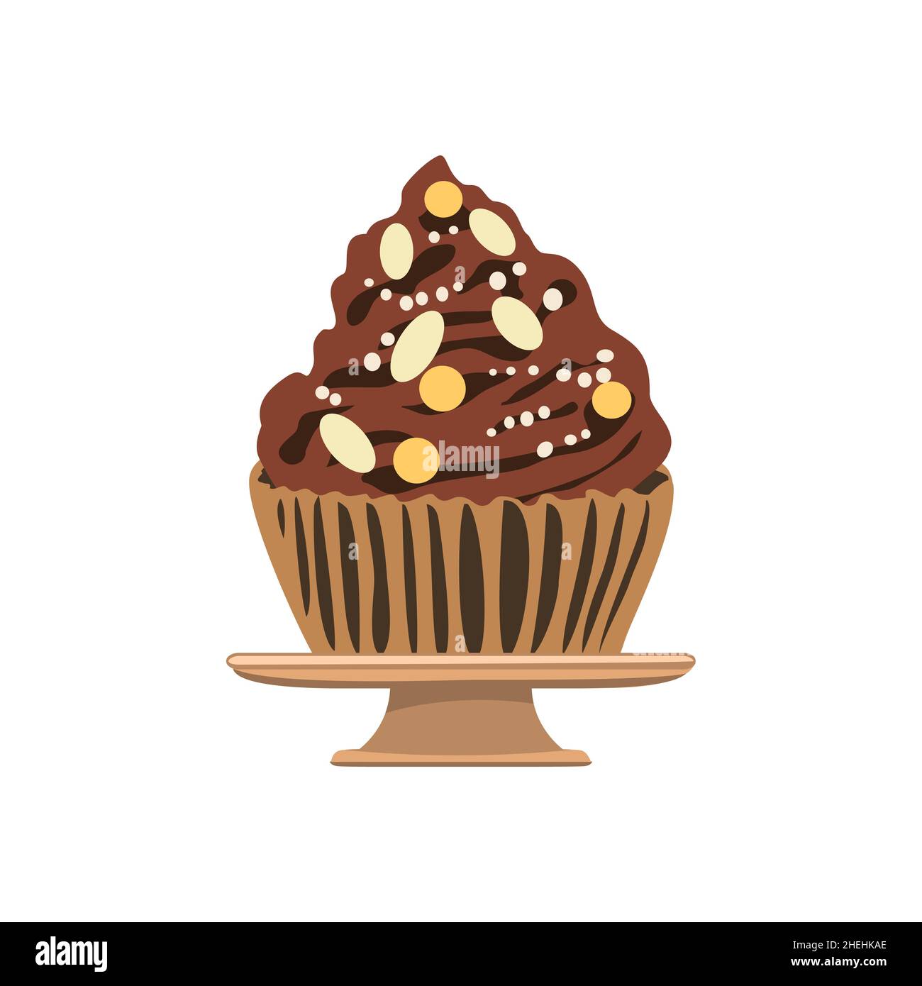 Cartoon Schokolade Cupcake mit bunten Sahnetafeln und brauner Creme Dekoration in Teller. Muffin isoliert auf weißem Hintergrund. Dessert Icon Vektor illustrr Stock Vektor