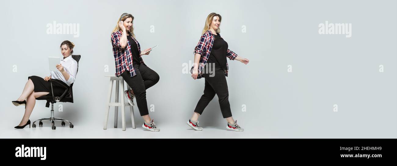 Set von Bildern von jungen Frau im Büro und lässige Kleidung auf grauem Hintergrund. Körper positiv, Gleichheit, Feminismus Konzept Stockfoto