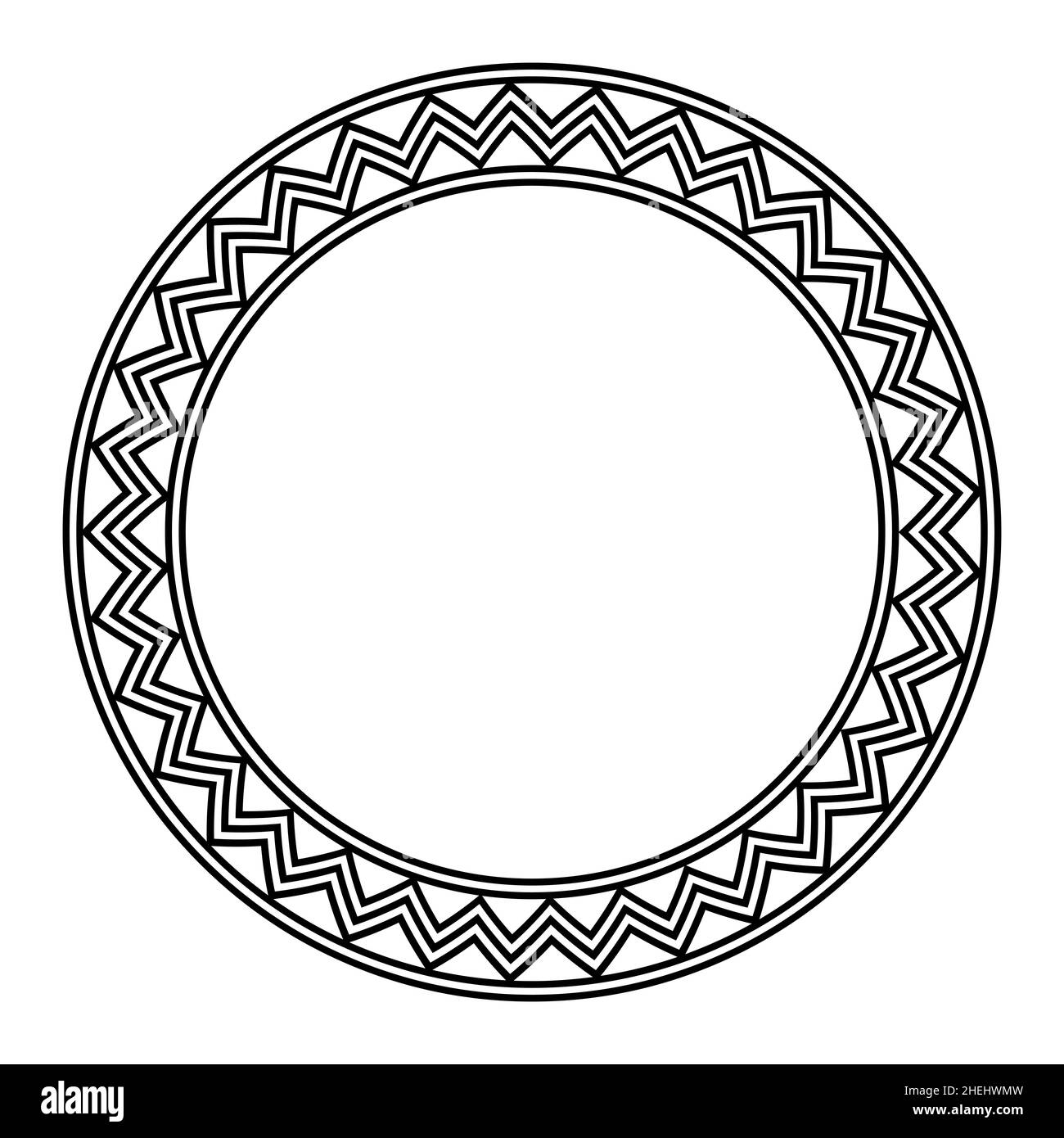 Kreisrahmen, mit einem Mäander, aus einem Zickzack-Linienmuster. Dekorativer, runder Rand aus drei markanten gezackten Linien, umgeben und gerahmt. Stockfoto