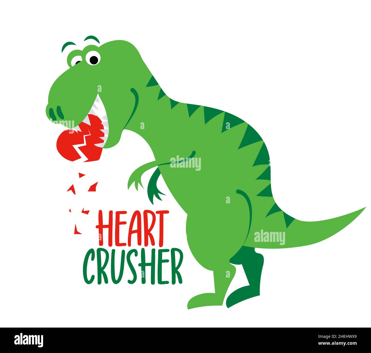 Heart Crusheer - lustige handgezeichnete Doodle, Cartoon Dino. Gut geeignet für Poster oder T-Shirt Textil-Grafik-Design. Vektorgrafik handgezeichnete Illustration. Frohes Valen Stock Vektor