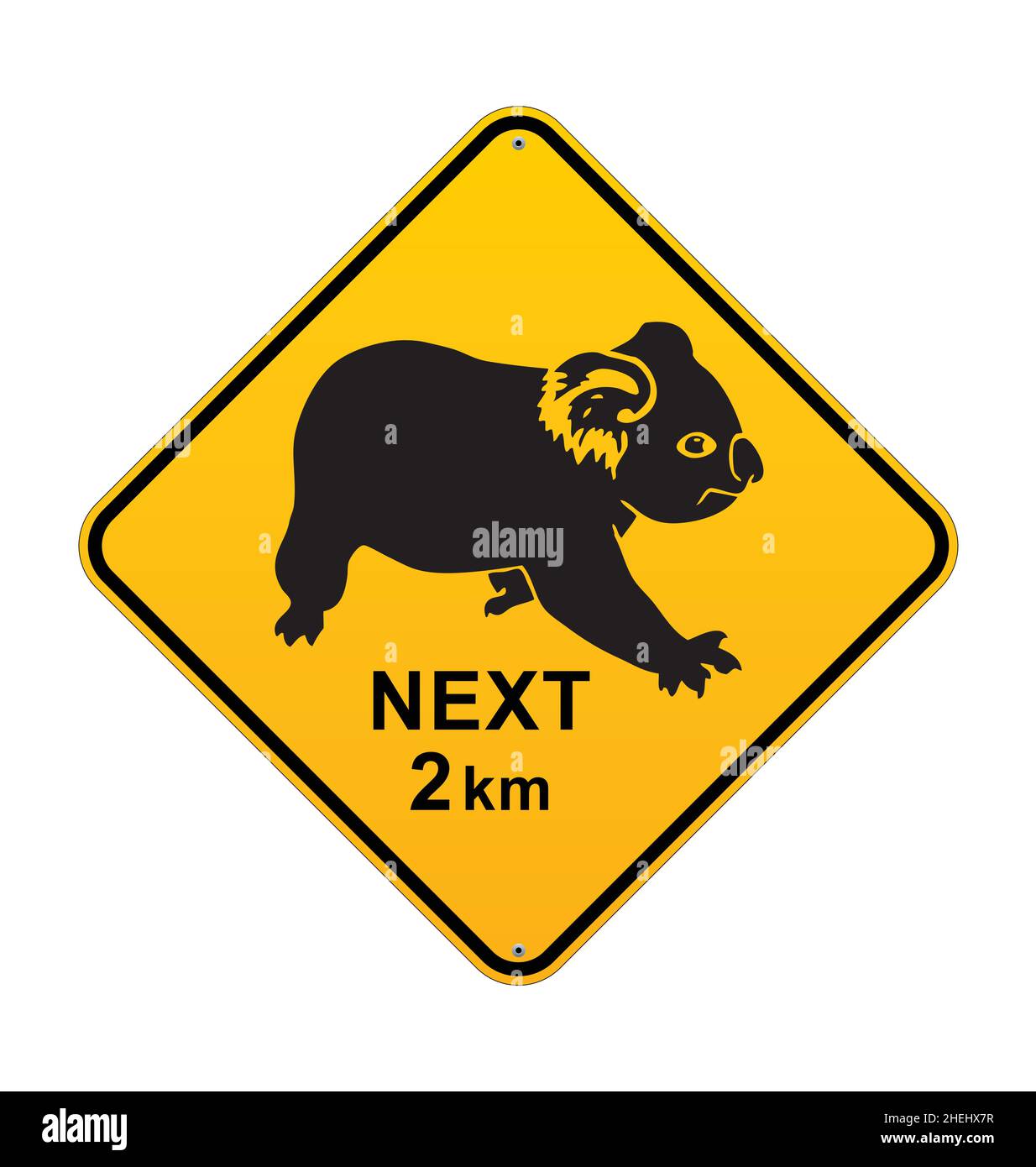 koala gelb schwarz Diamant klassischen Outback Land Straßenschild Straßenschild nächste 2 km Vektor isoliert auf weißem Hintergrund Stock Vektor