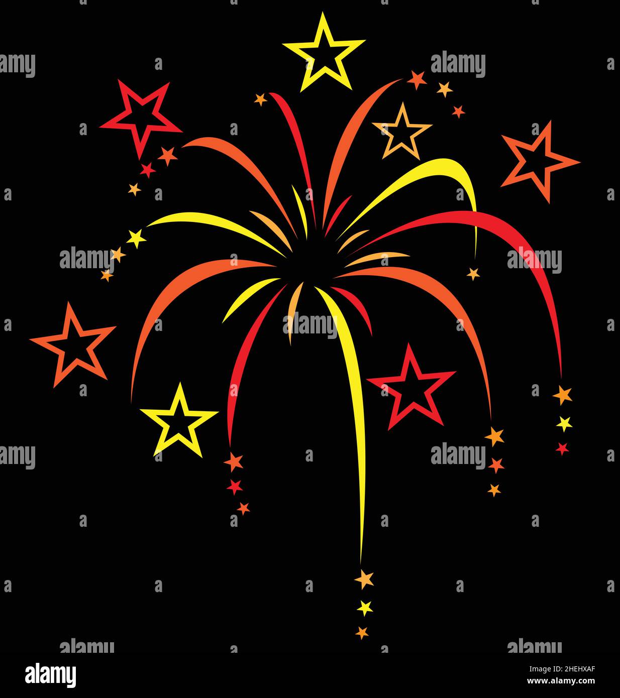 Bunte stilisierte Cartoon Feuerwerk rot gelb orange isoliert auf schwarzem Hintergrund Stock Vektor