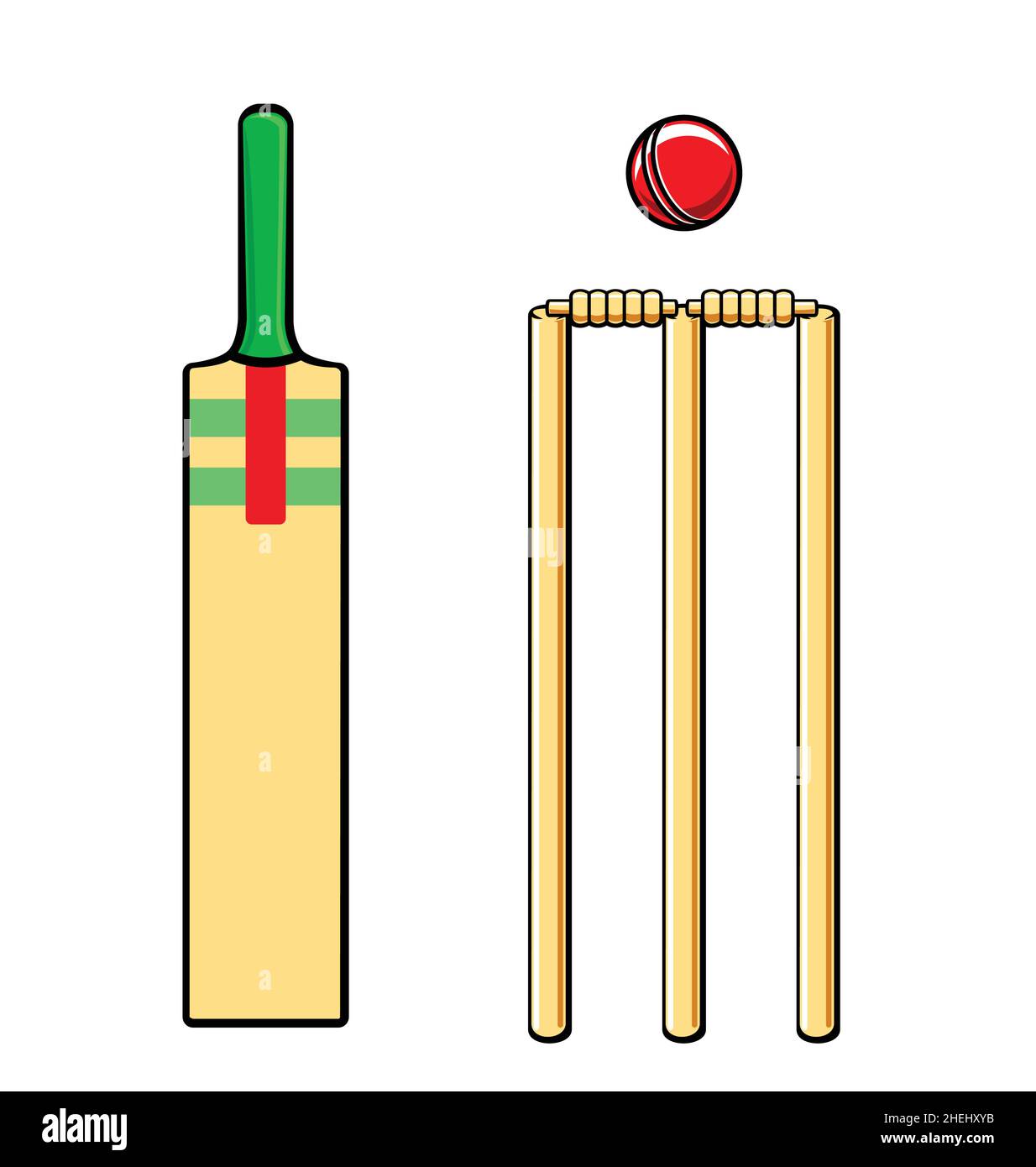 Einfache Cartoon stilisierte Cricket-Set Fledermaus stolpert Nägel und rote Kugel Vektor auf weißem Hintergrund isoliert Stock Vektor