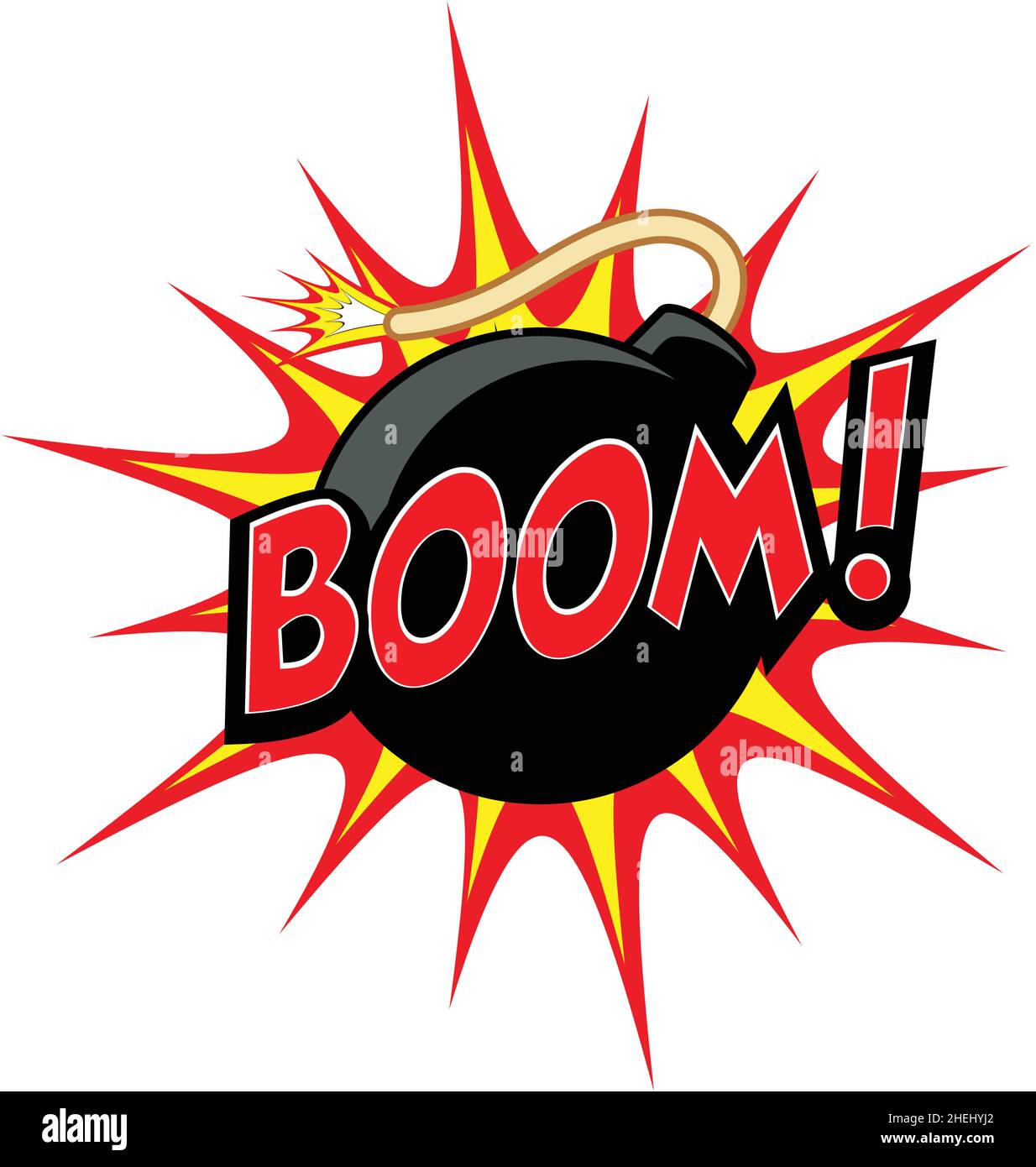 Klassische Cartoon Comic Runde schwarze Bombe Boom Text explosive Dynamit mit beleuchtet fuze Symbol Symbol mit Explosion im Hintergrund Vektor isoliert auf weiß Stock Vektor