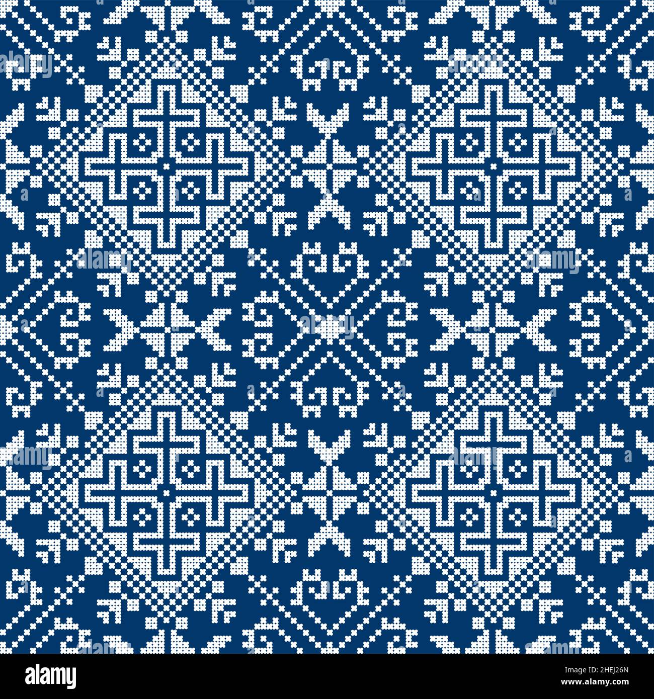 Kreuzstich Stickereien Stil Vektor nahtlose Muster - inspiriert von den alten Volkskunst-Designs aus Bosnien und Herzegowina Zmijanjski vez in weiß auf BL Stock Vektor