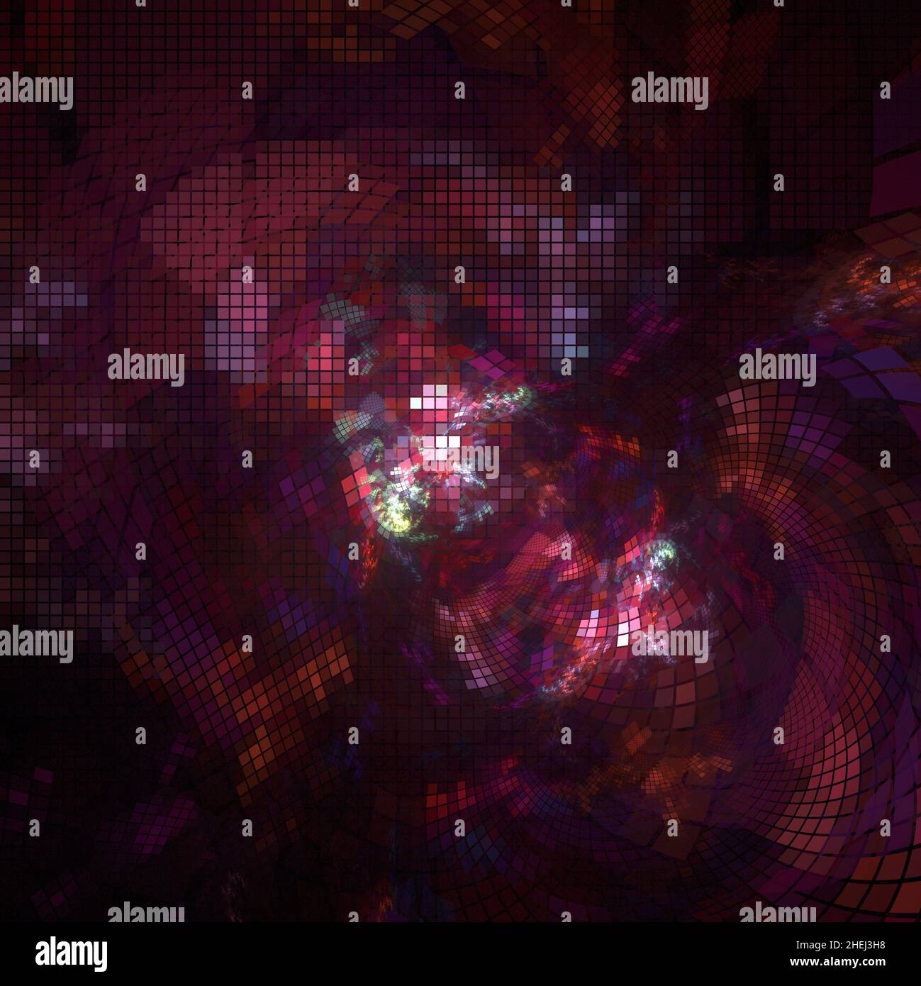 Abstrakter fraktaler mehrfarbiger Hintergrund. Rote Gitter über mehrfarbigem dunklen Raum Stockfoto